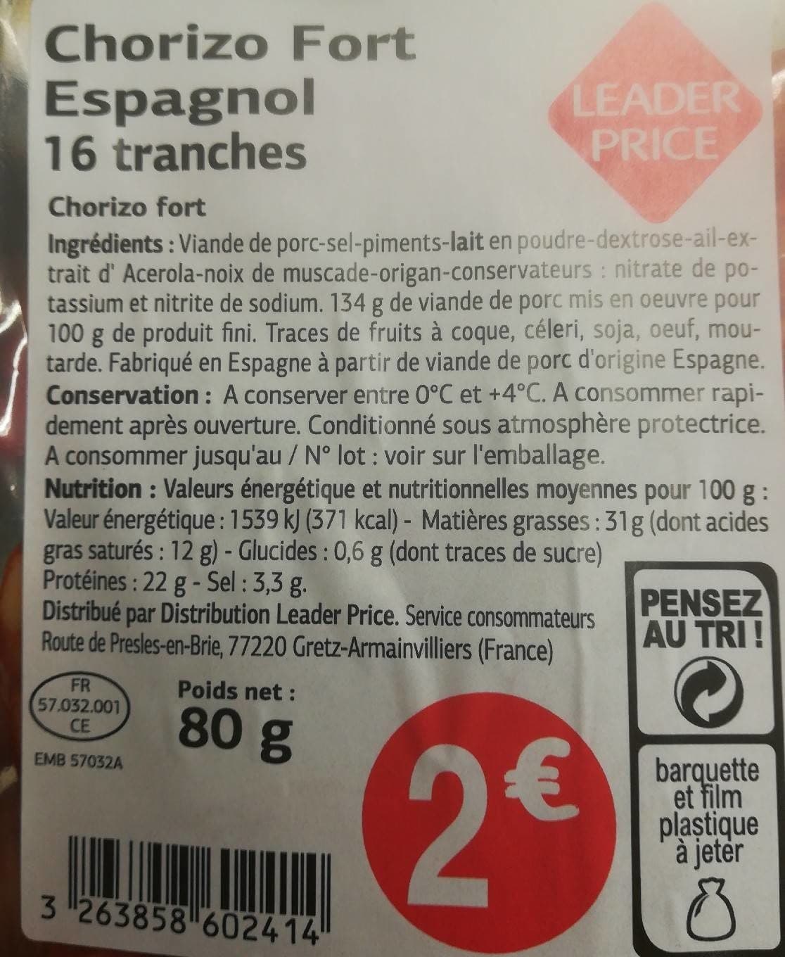 Leader Price 16 tranches chorizo fort espagnol packshot