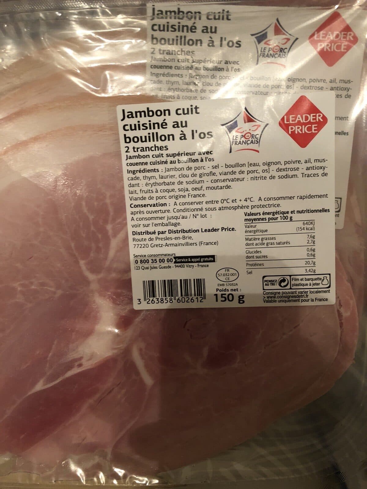 Leader Price Jambon cuit cuisiné au bouillon à l'os 2 Tranches packshot