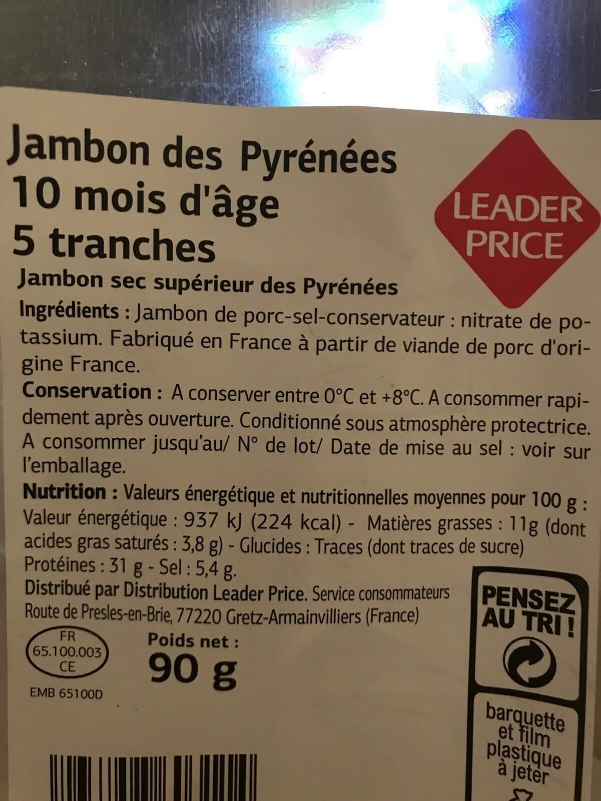 Leader Price Jambon des pyrenees 10 mois packshot