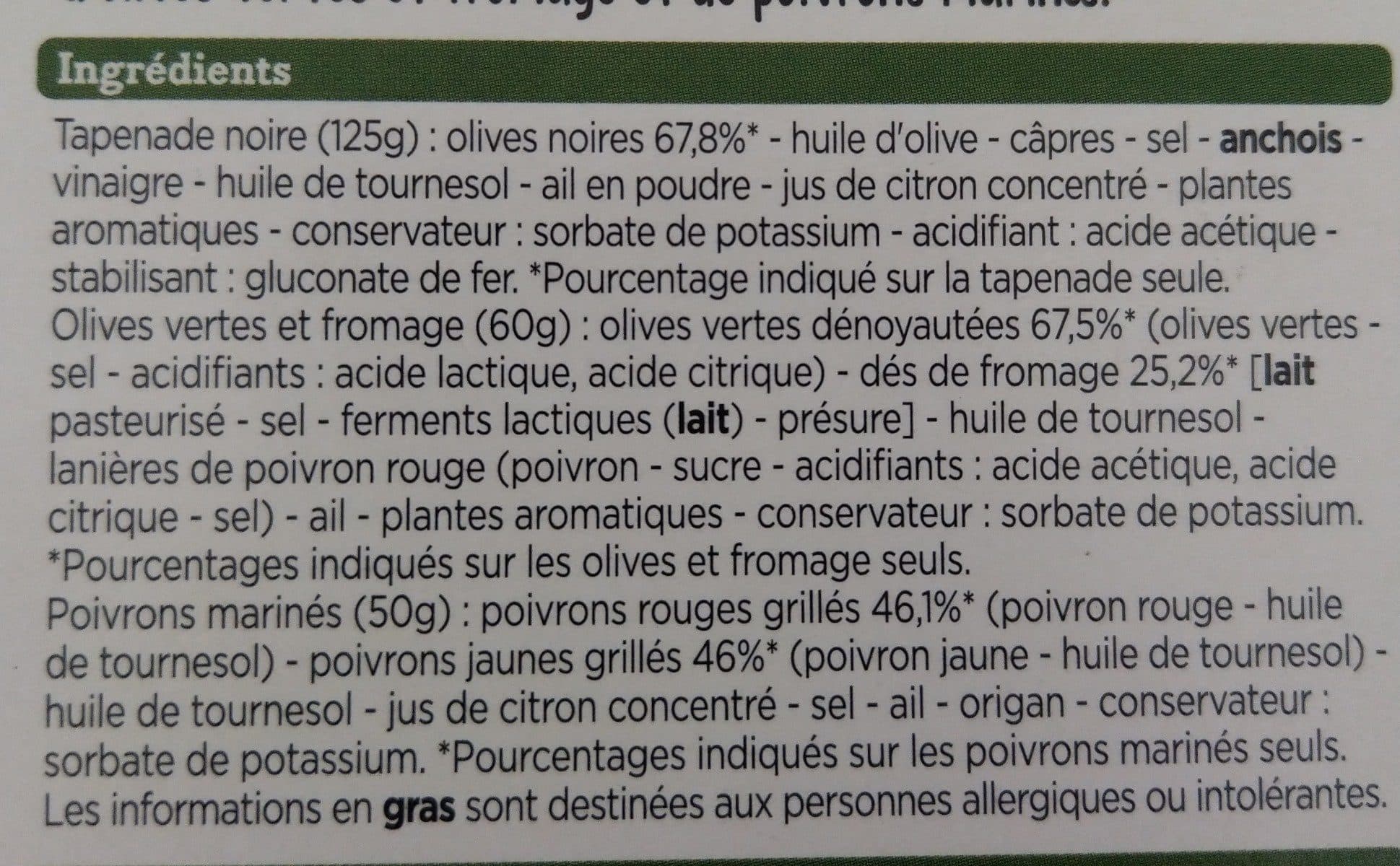 Franprix Tapas "poivrons marinés, tapenade, olives vertes et fromage" packshot