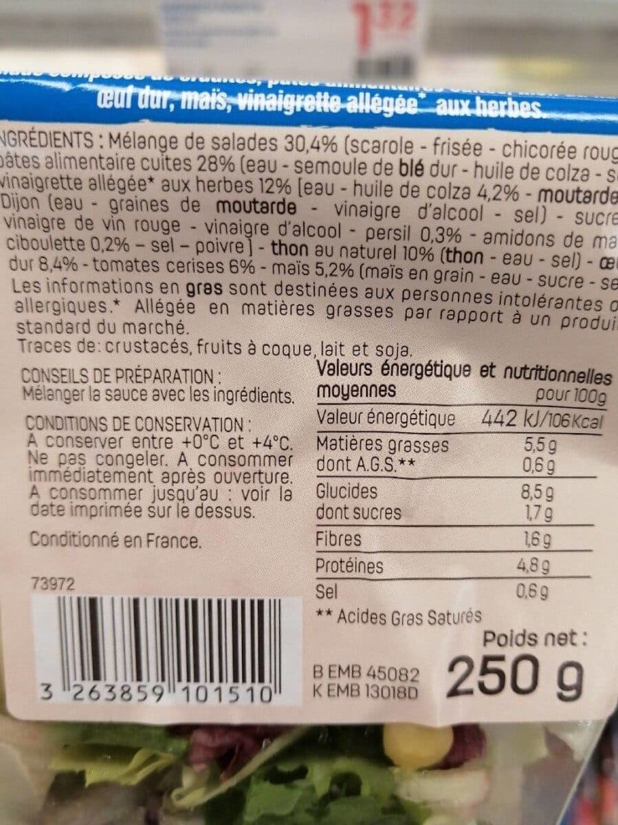 Leader Price Salade thon pâtes crudités packshot