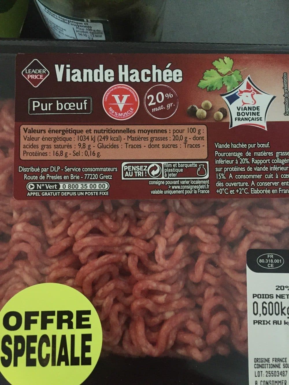 Leader Price Viande hachée pur boeuf 20% mat. Gr. packshot