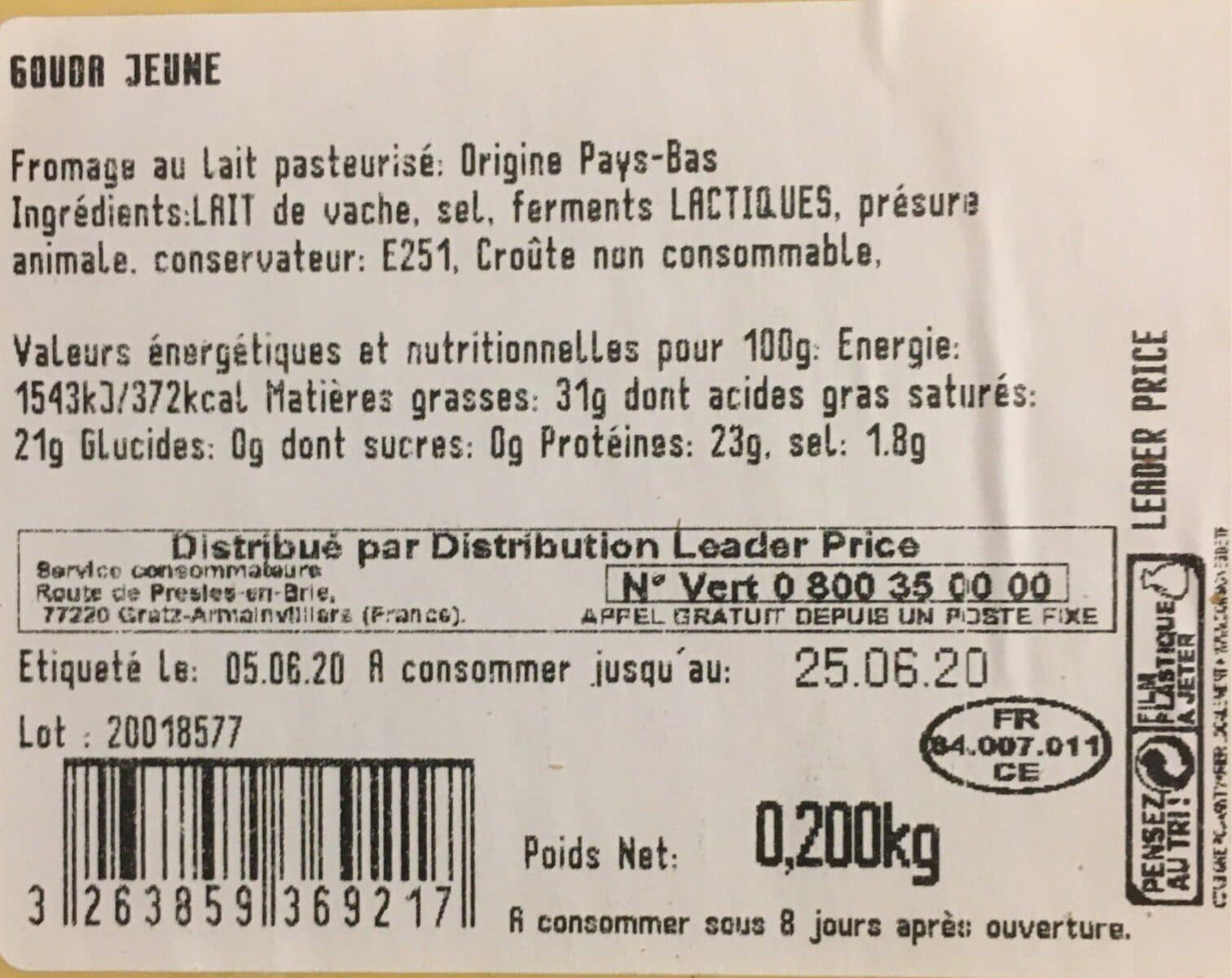 Leader Price Gouda jeune packshot