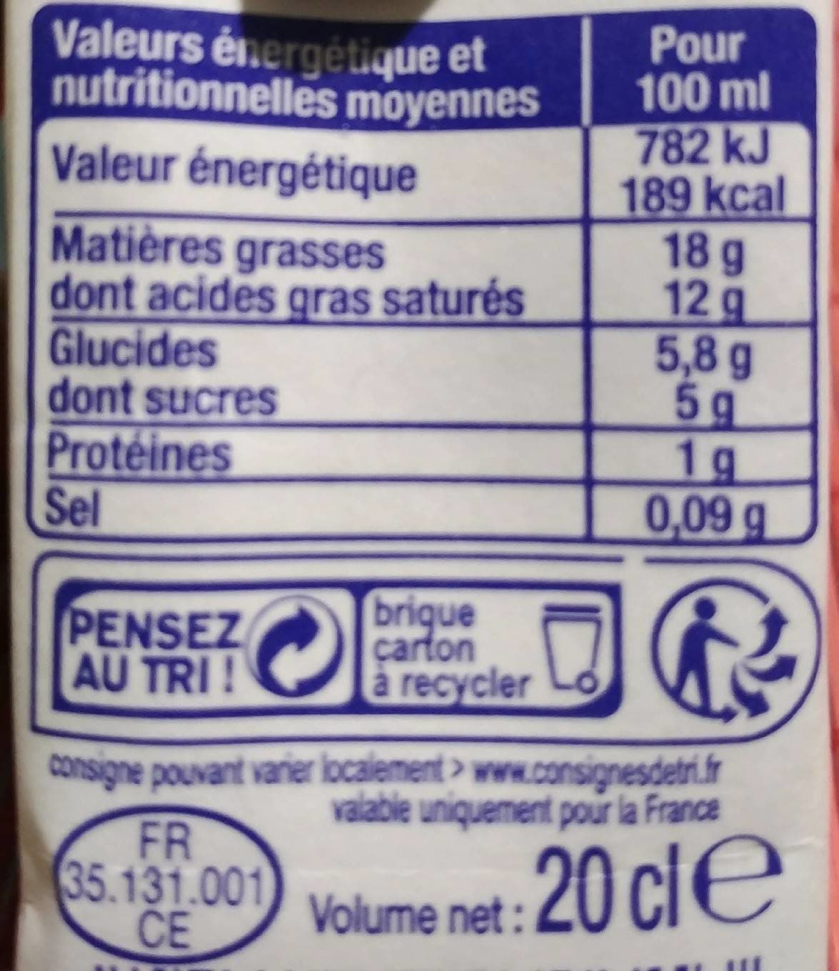 Leader Price Spécialité laitière UHT 18% MG 20 cl LPG packshot