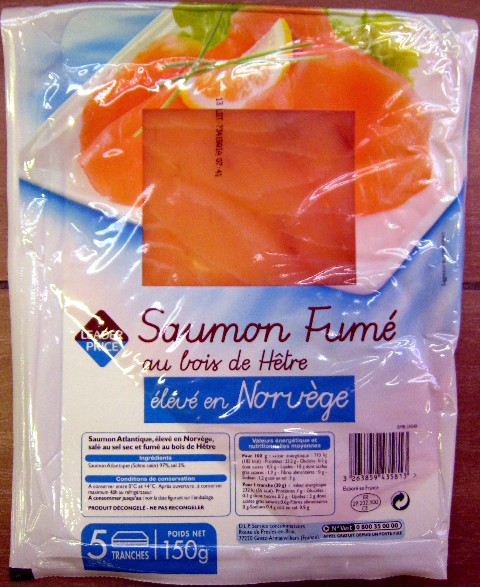 Leader Price Saumon fumé au bois de hêtre élevé en Norvège packshot