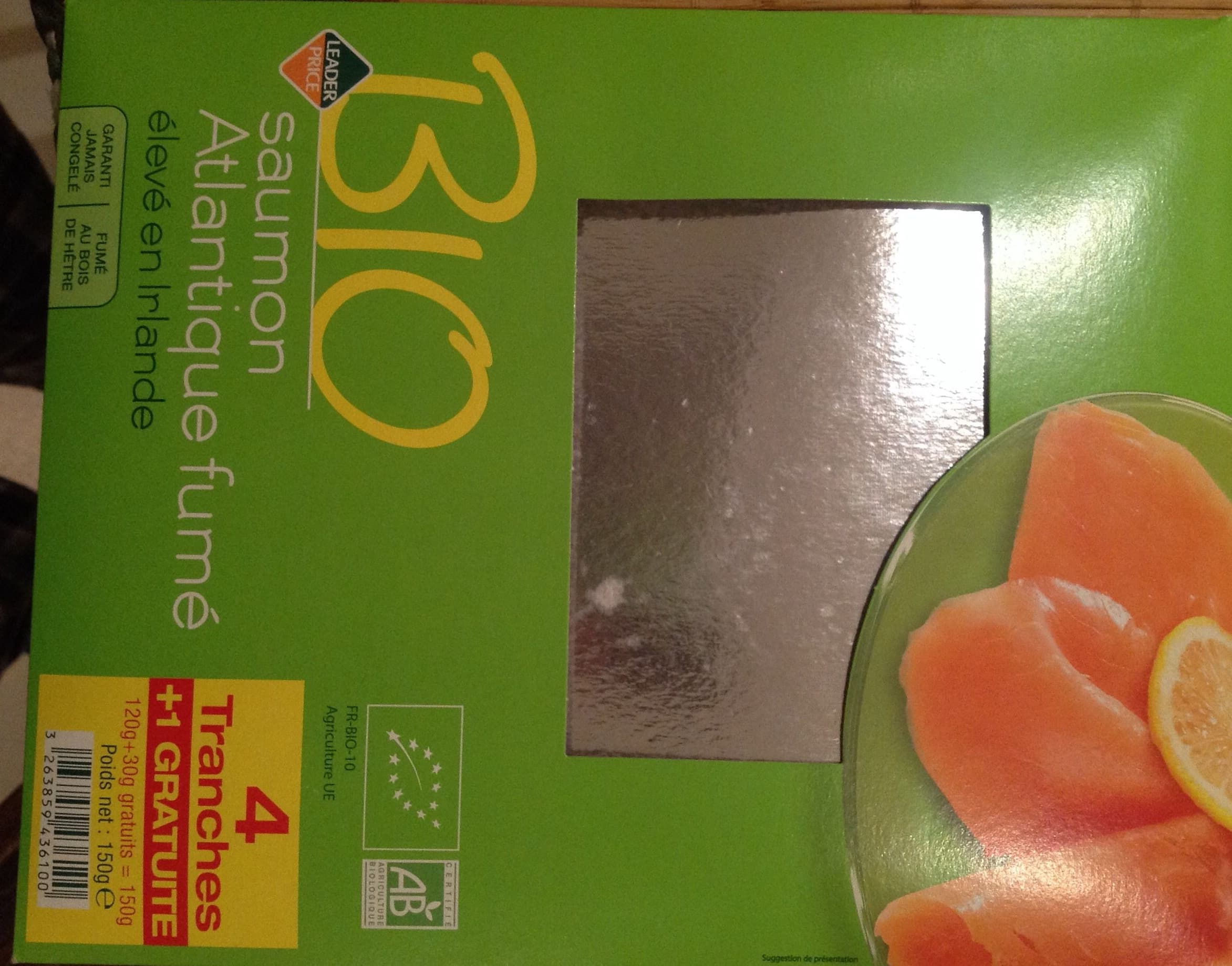 Leader Price Saumon Atlantique fumé élevé en Irlande Bio (4 tranches + 1 gratuite) - 150 g packshot