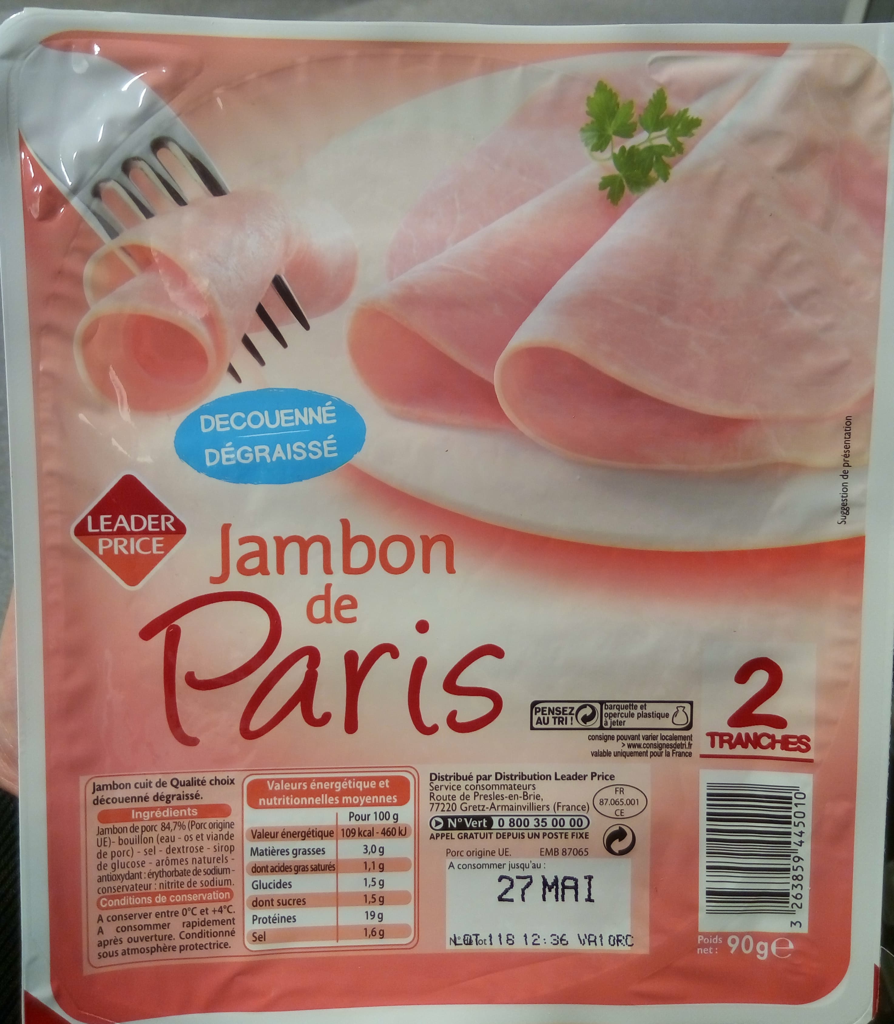 Leader Price Jambon de Paris découenné dégraissé (2 tranches) packshot