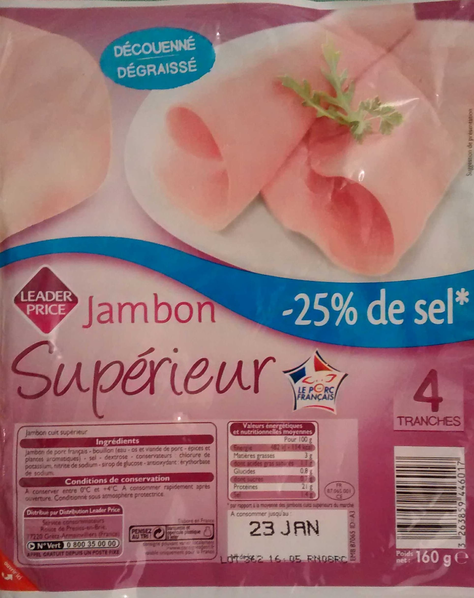 Leader Price Jambon supérieur découenné dégraissé -25 % de sel packshot