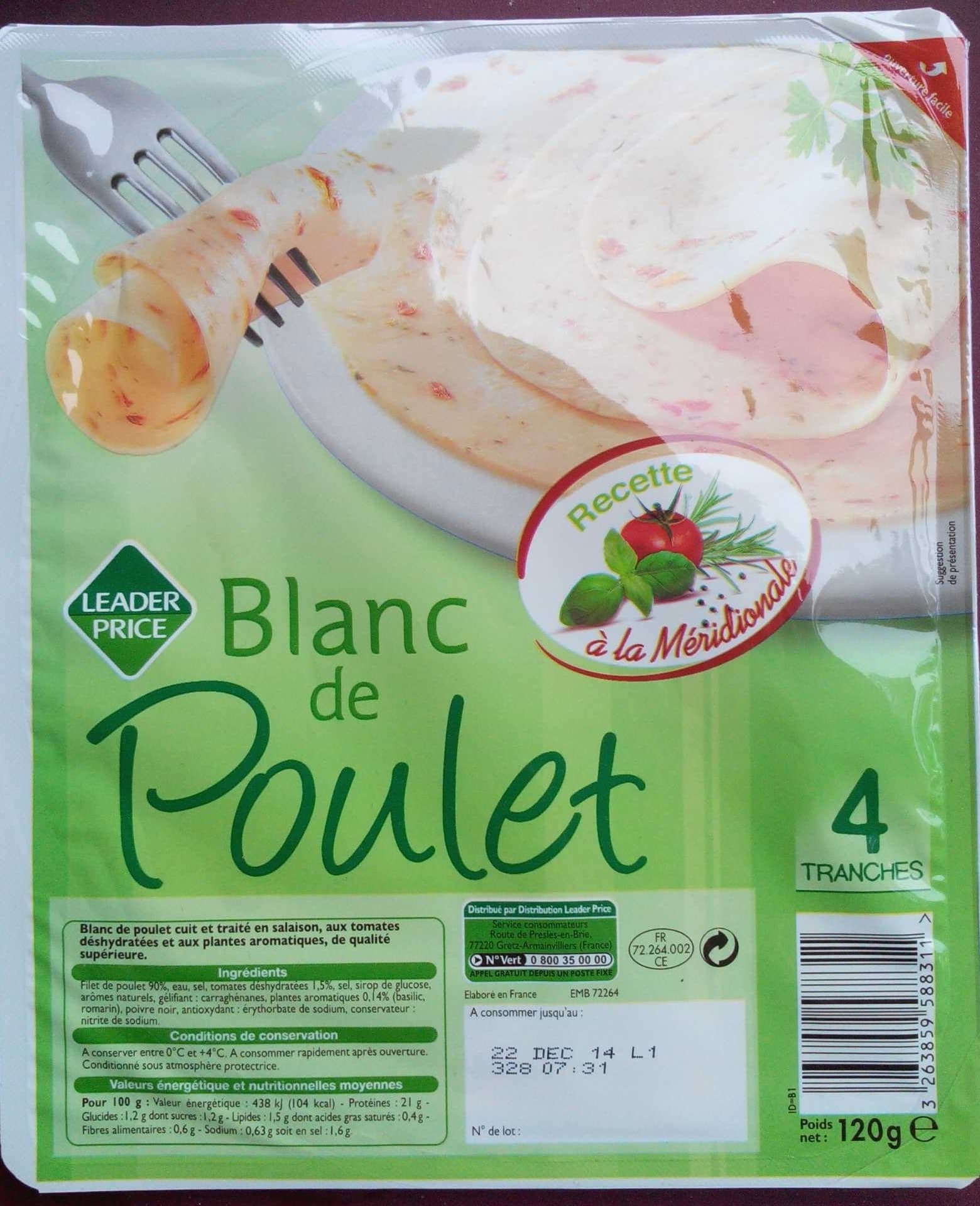 Leader Price Blanc de Poulet, Recette à la Méridionale (4 Tranches) packshot