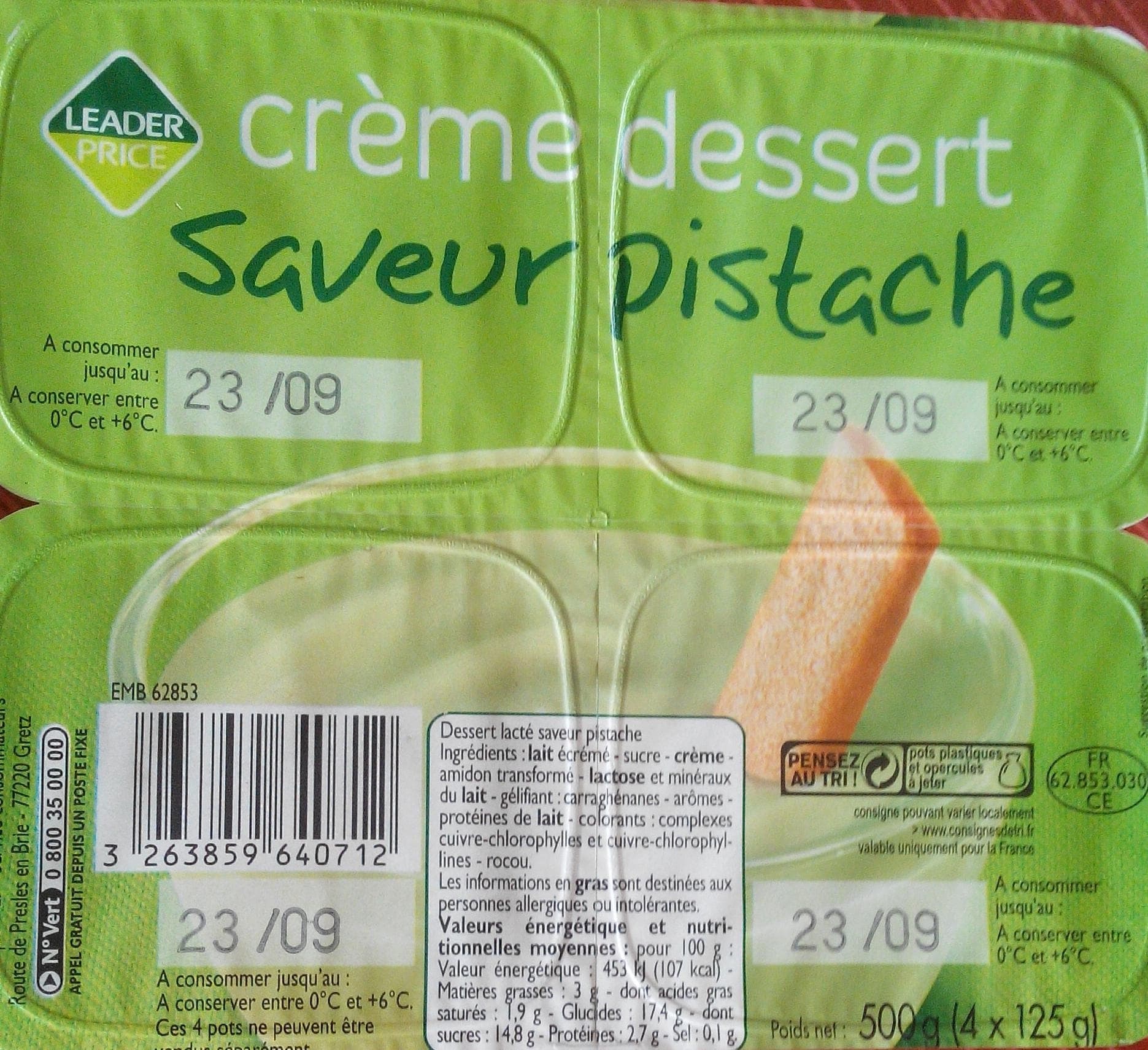 Leader Price Créme dessert saveur pistache packshot