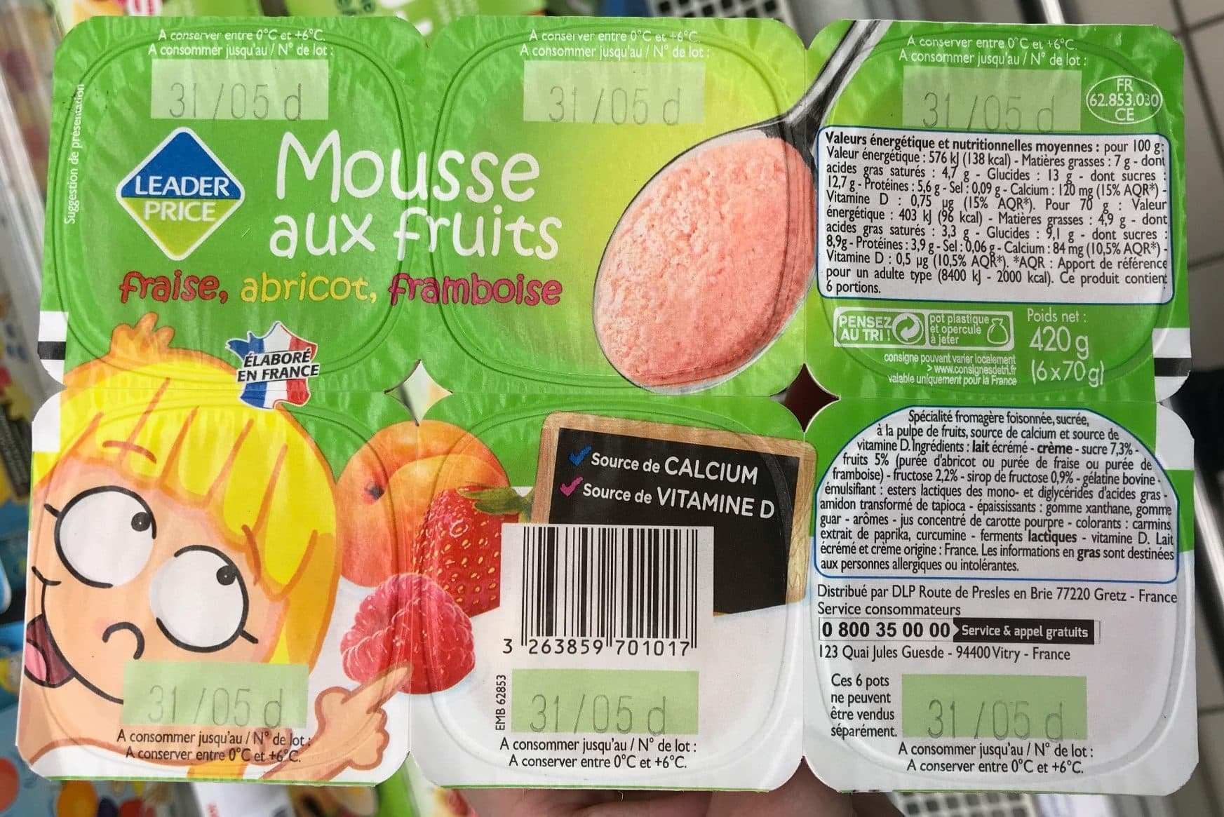 Leader Price Mousse aux fruits, fraise, abricots, framboise packshot