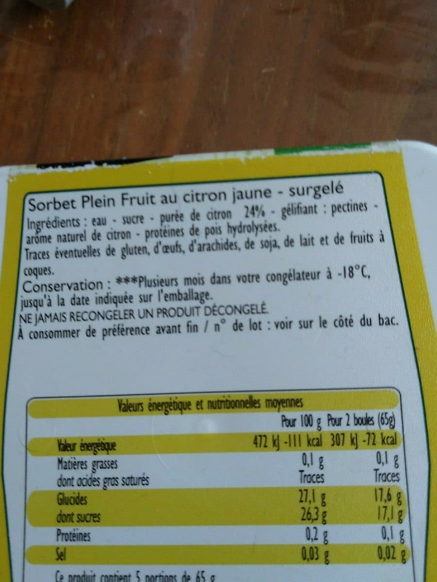 Open Food Facts Sorbet plein fruit citron packshot