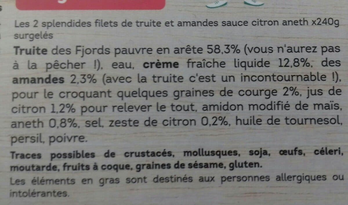 Open Food Facts Filet de truite et amandes, sauce citron aneth packshot