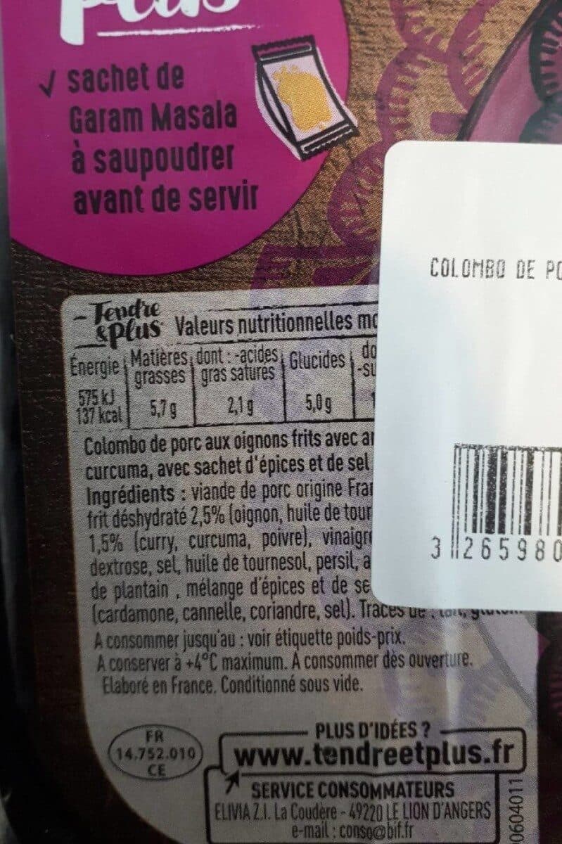 TENDRE & PLUS Le Colombo porc aux oignons et curcuma packshot