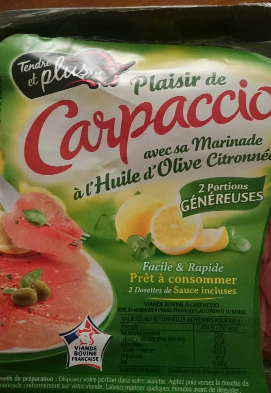 Tendre et plus Carpaccio marinade huile d'olive citronnée packshot
