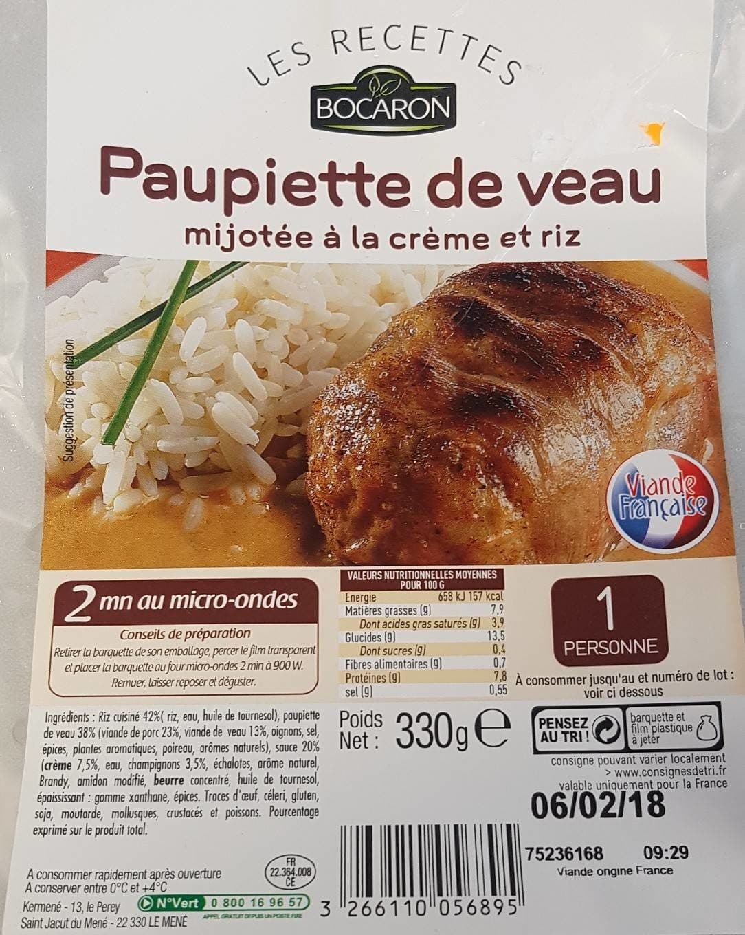 les recettes Bocaron Paupiette De Veau 330g 1personne packshot