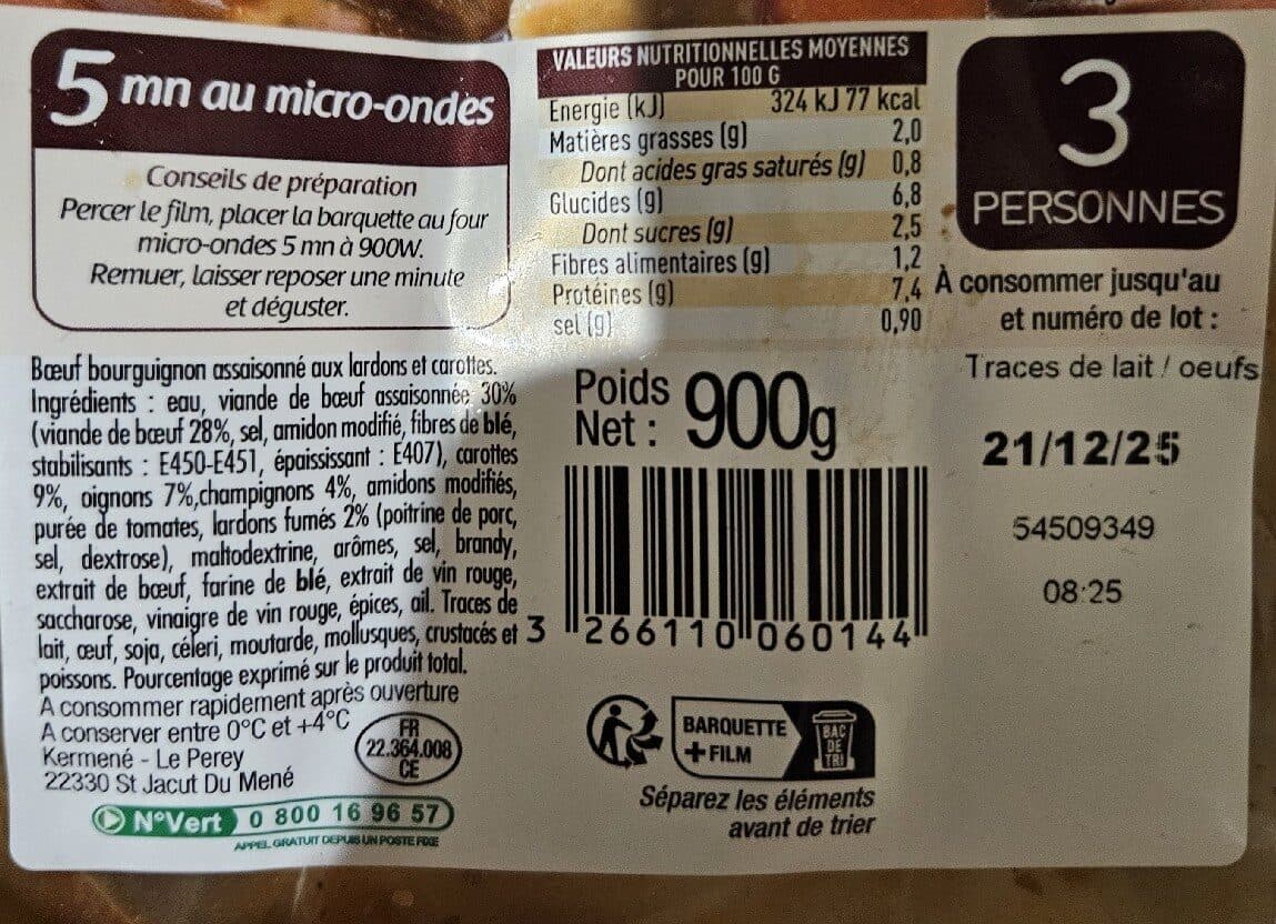 Kermené Bœuf bourguignon mijoté aux lardons packshot