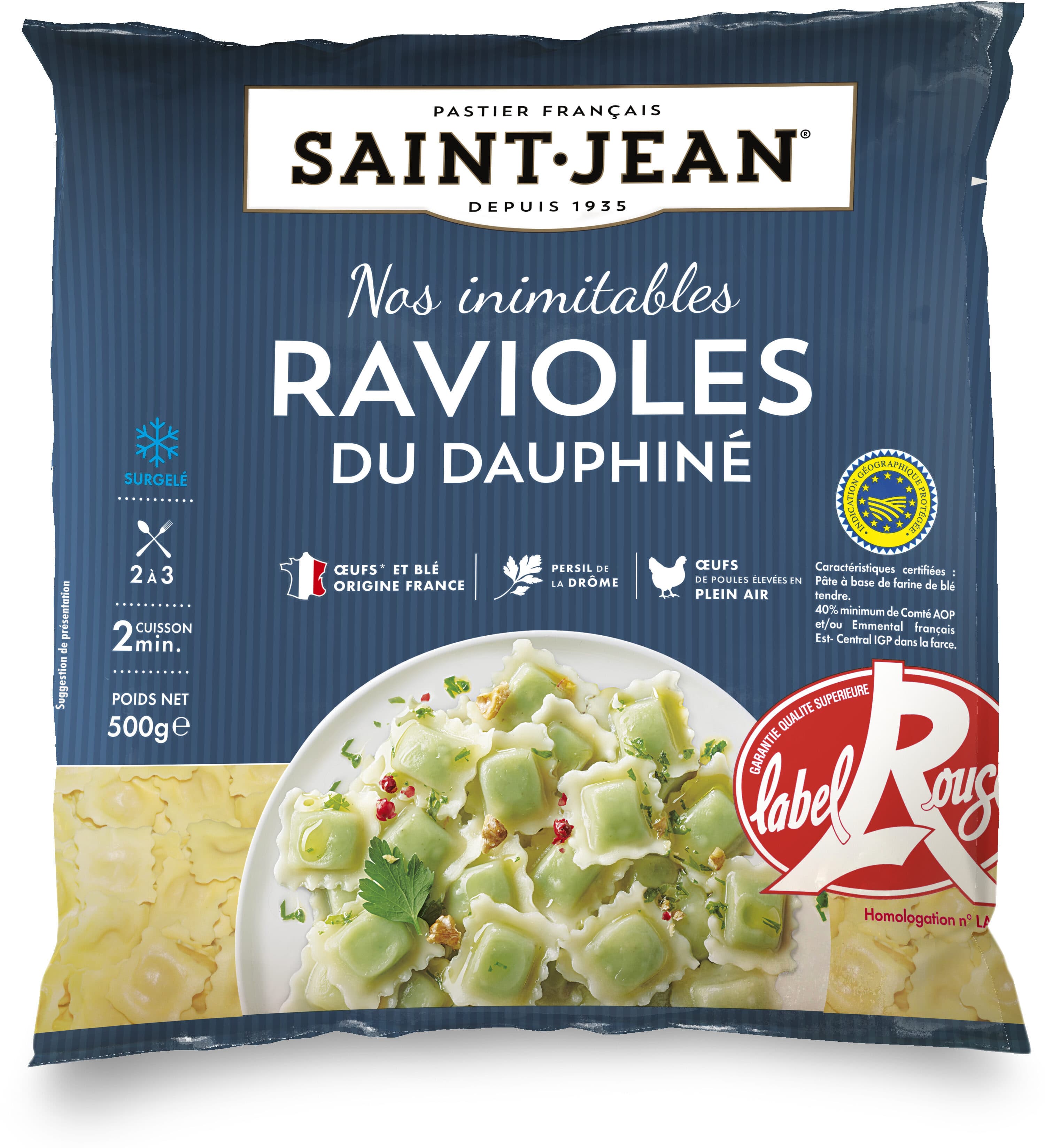 Saint jean Ravioles du Dauphiné LABEL ROUGE IGP surgelées sachet packshot
