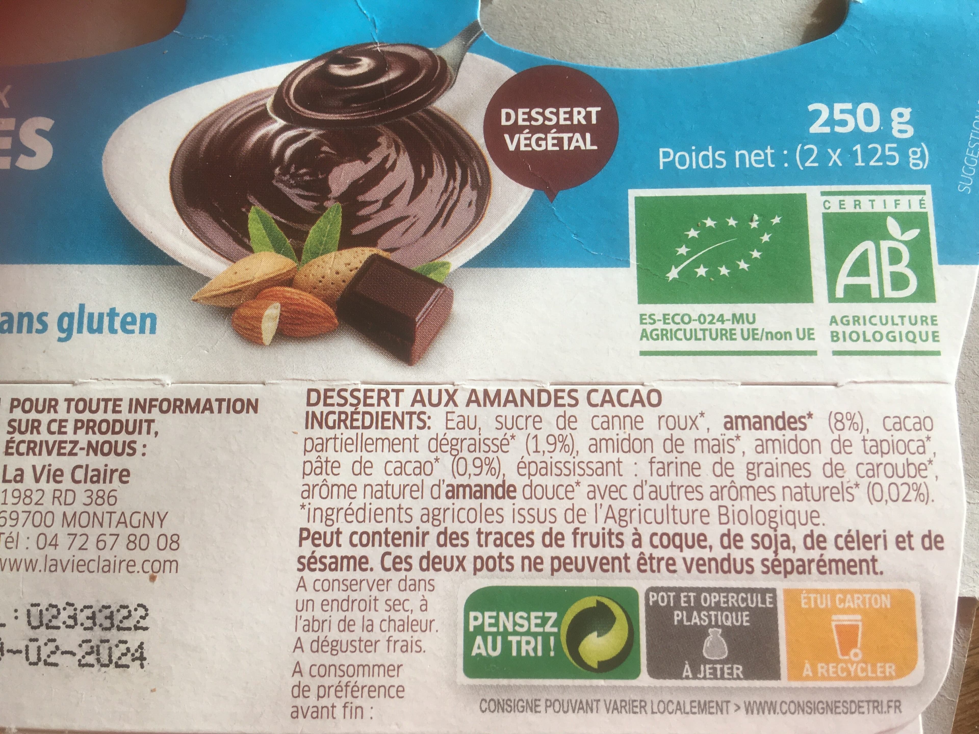 La Vie Claire Dessert végétal amandes cacao 250g BIO vegan packshot
