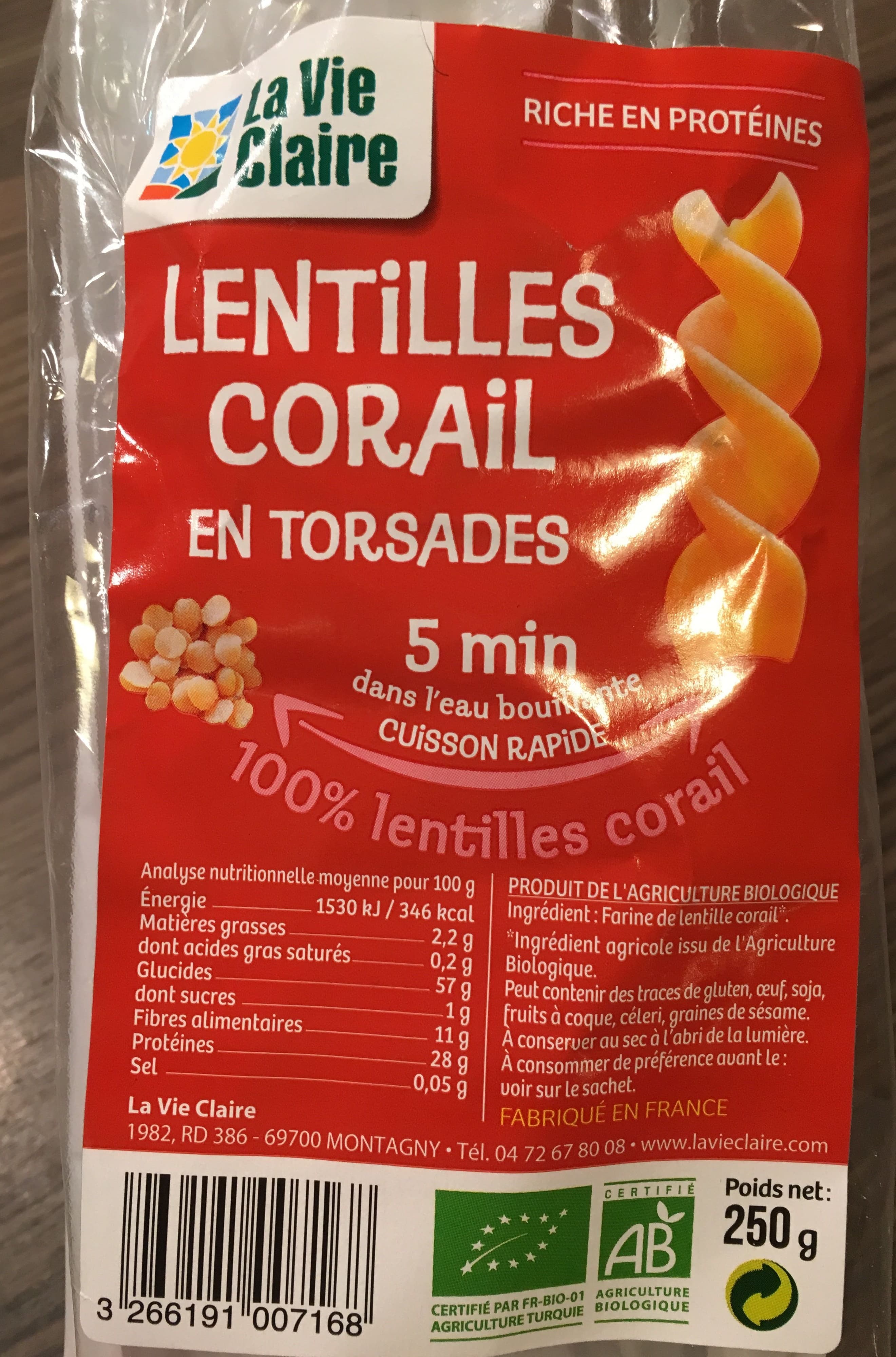 La Vie Claire Lentilles corail en torsades packshot