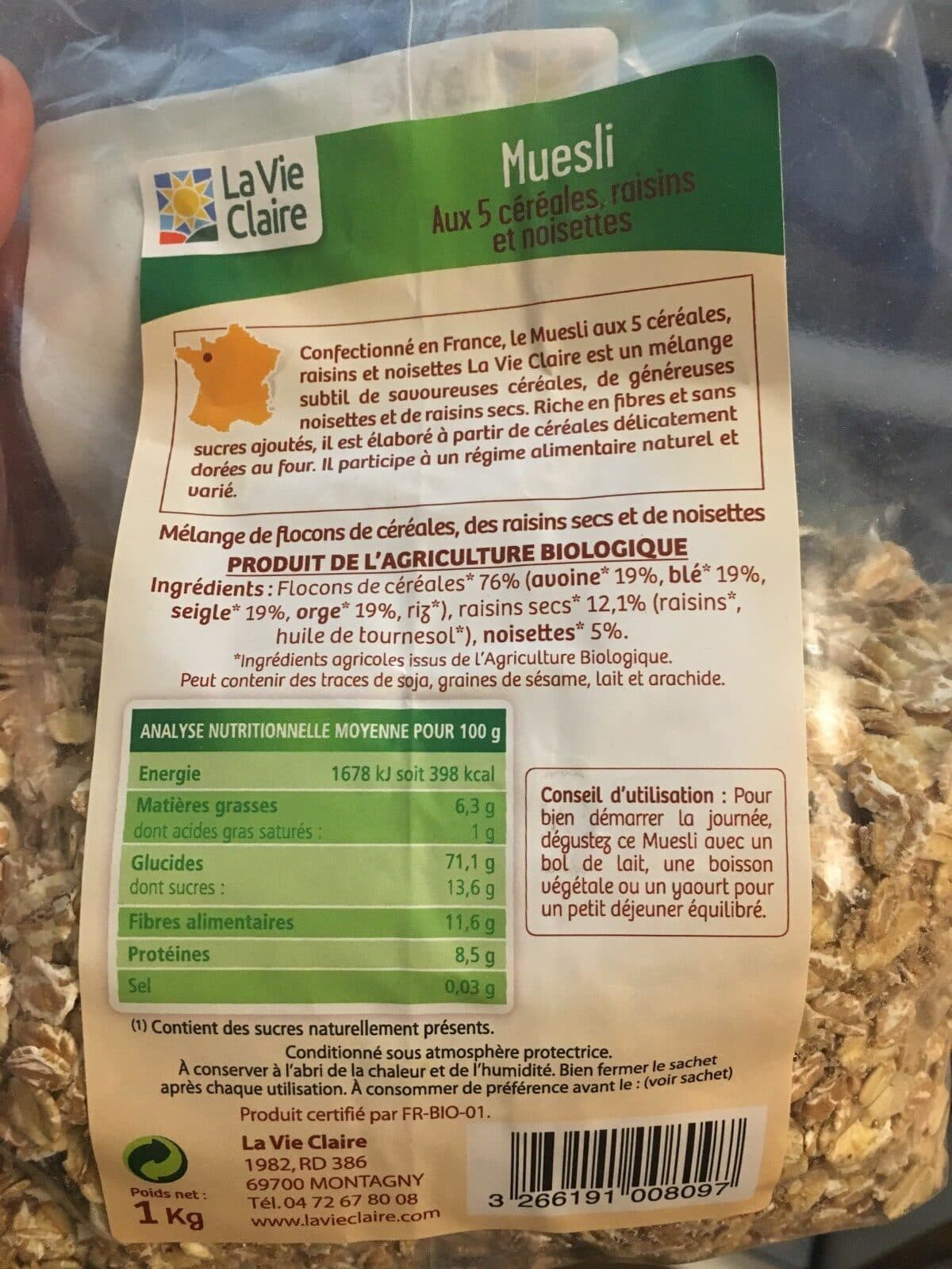 La Vie Claire Muesli Aux 5 Cereales, Raisins Et Noisettes packshot