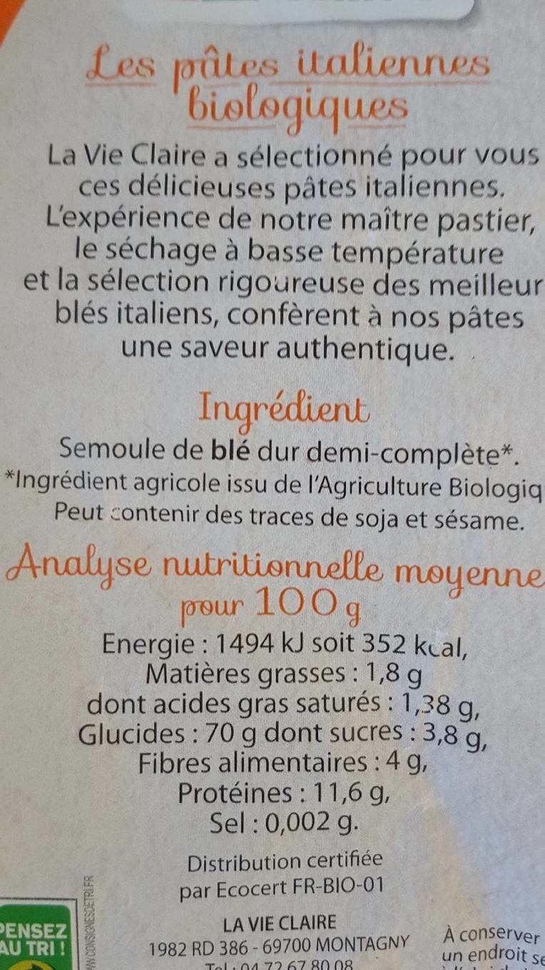 La Vie Claire Pâtes demi complètes coquillettes packshot