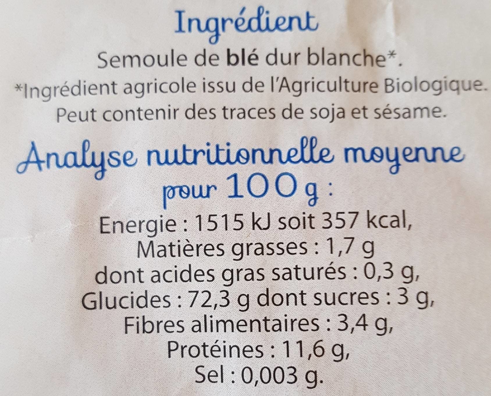 La Vie Claire Pâtes blanches packshot