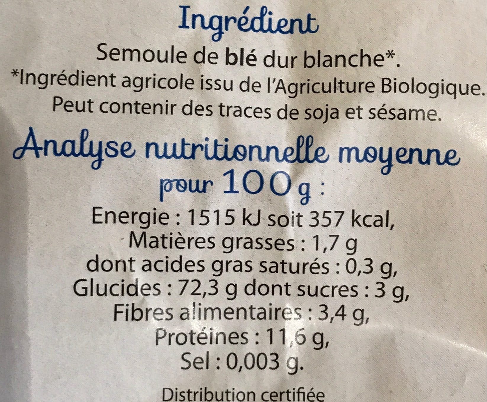La Vie Claire Pâtes blanches packshot