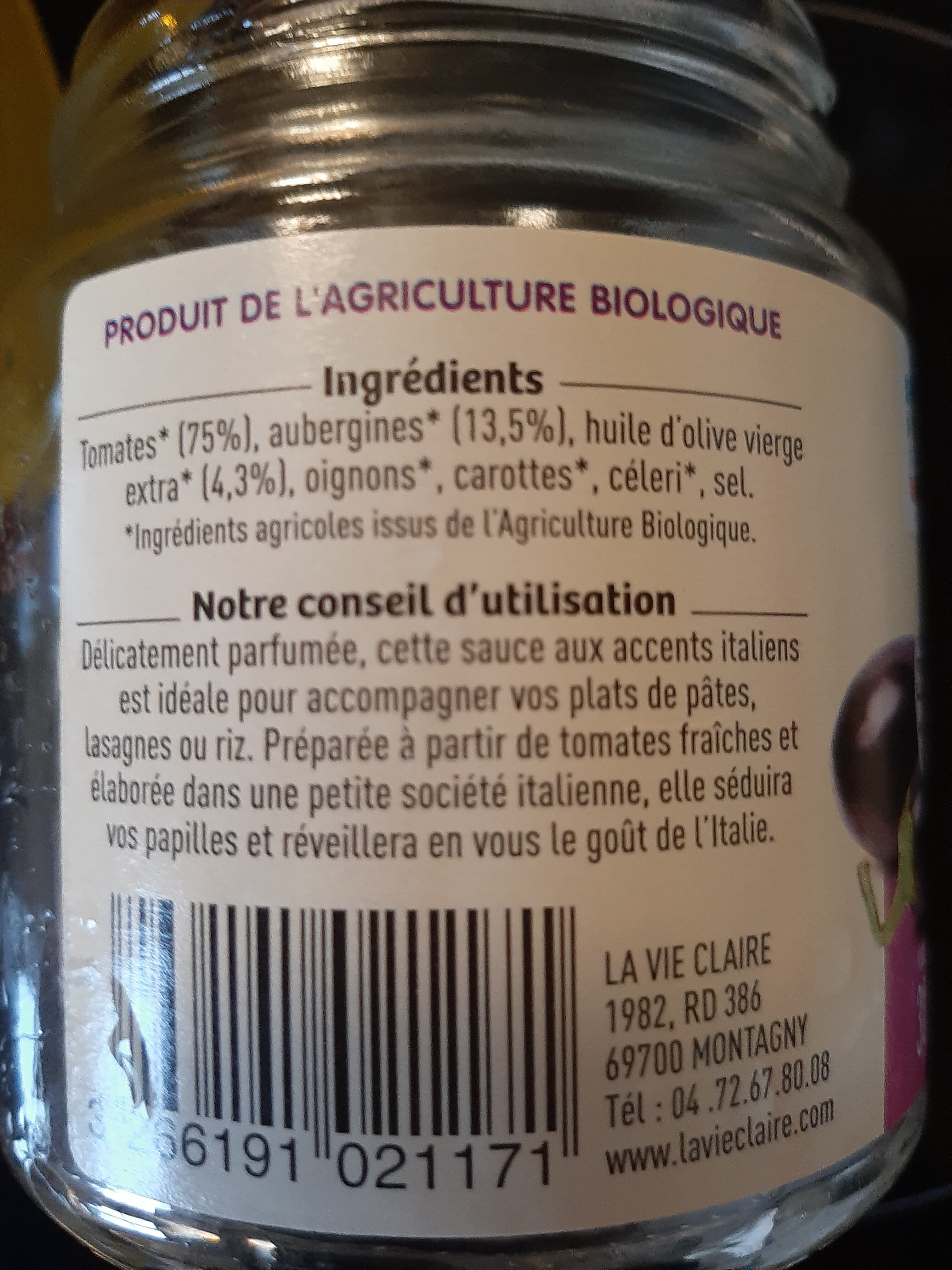 La Vie Claire Sauce Tomate Et Aubergines Grillees packshot