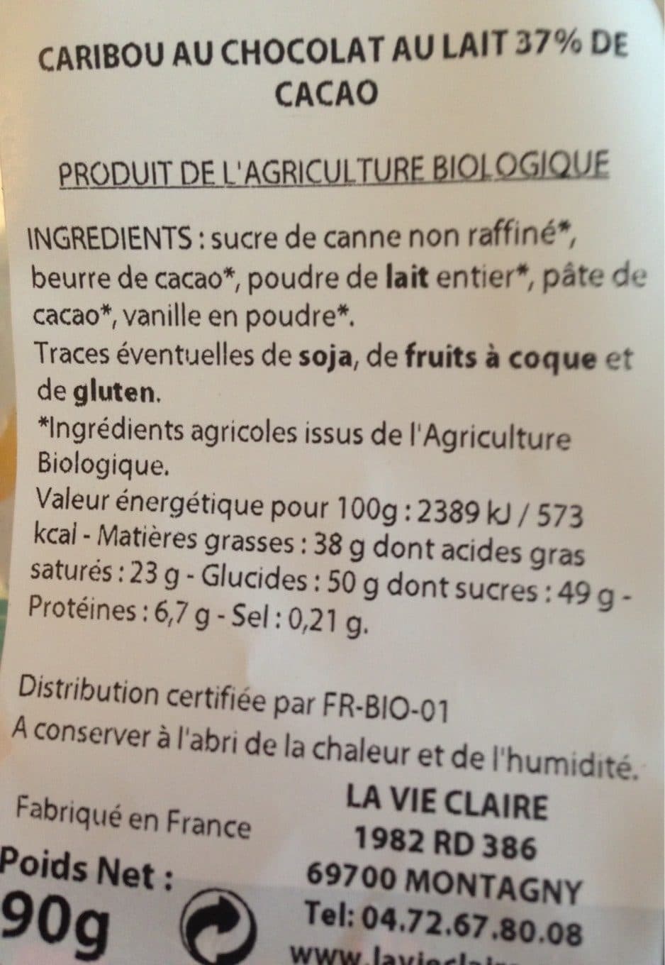 La Vie Claire Caribou au chocolat au lait 37% de cacao packshot