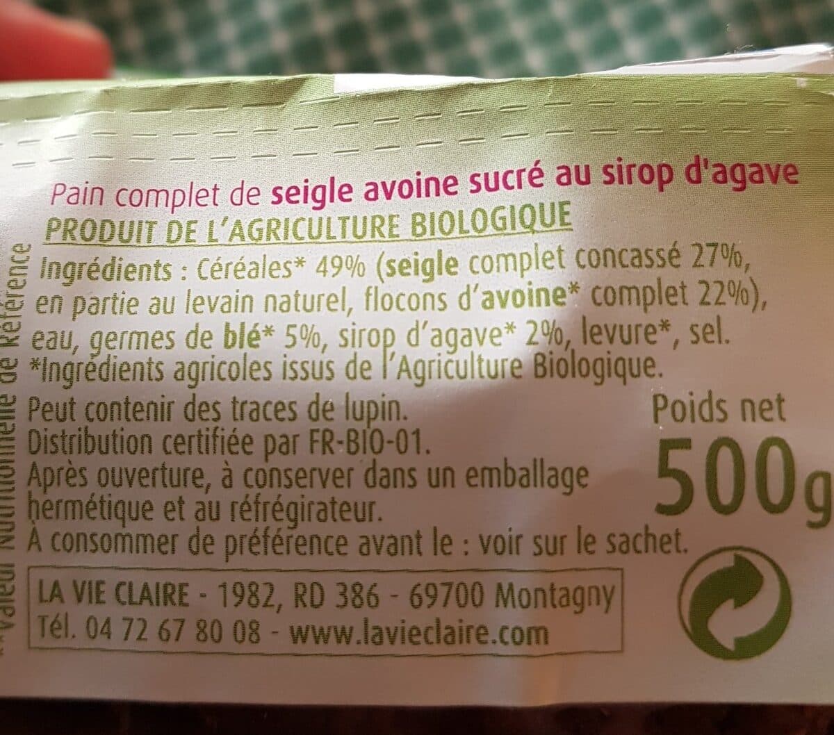 La Vie Claire Pain complet de seigle avoine sucré au sirop d'agave packshot