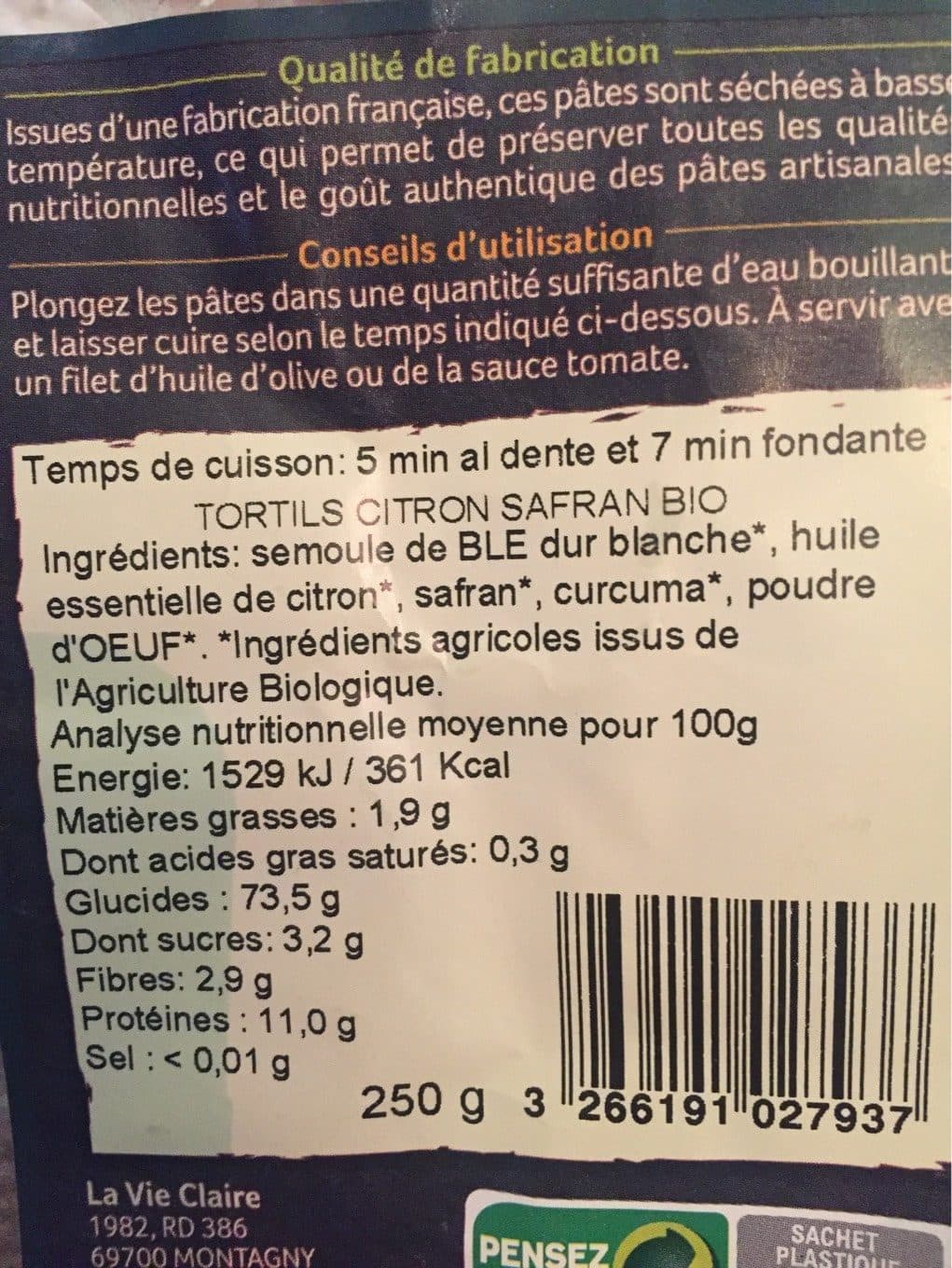 La Vie Claire Pates saveurs du monde tortils citron safran packshot