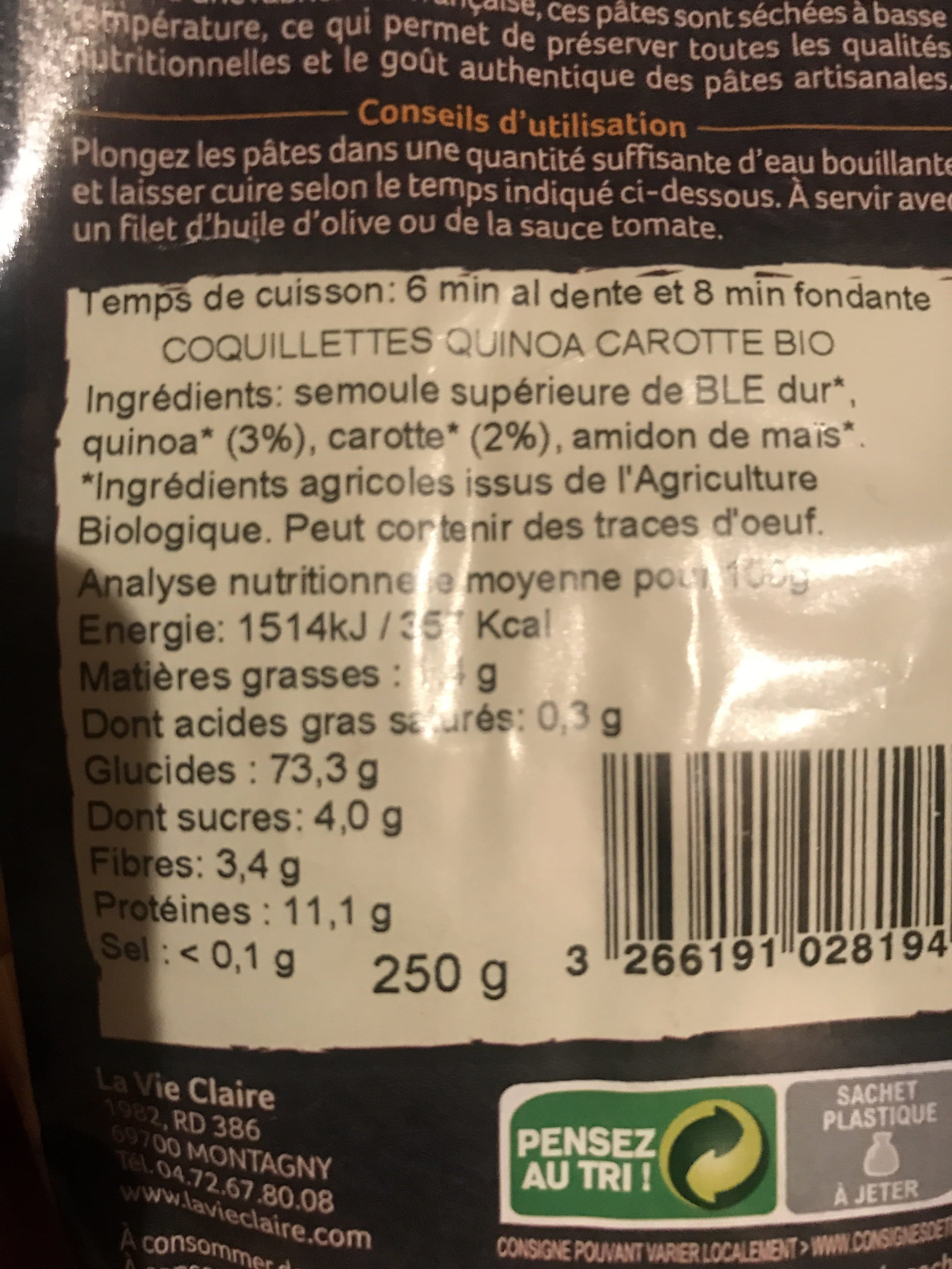 La Vie Claire Coquillettes quinoa carotte packshot