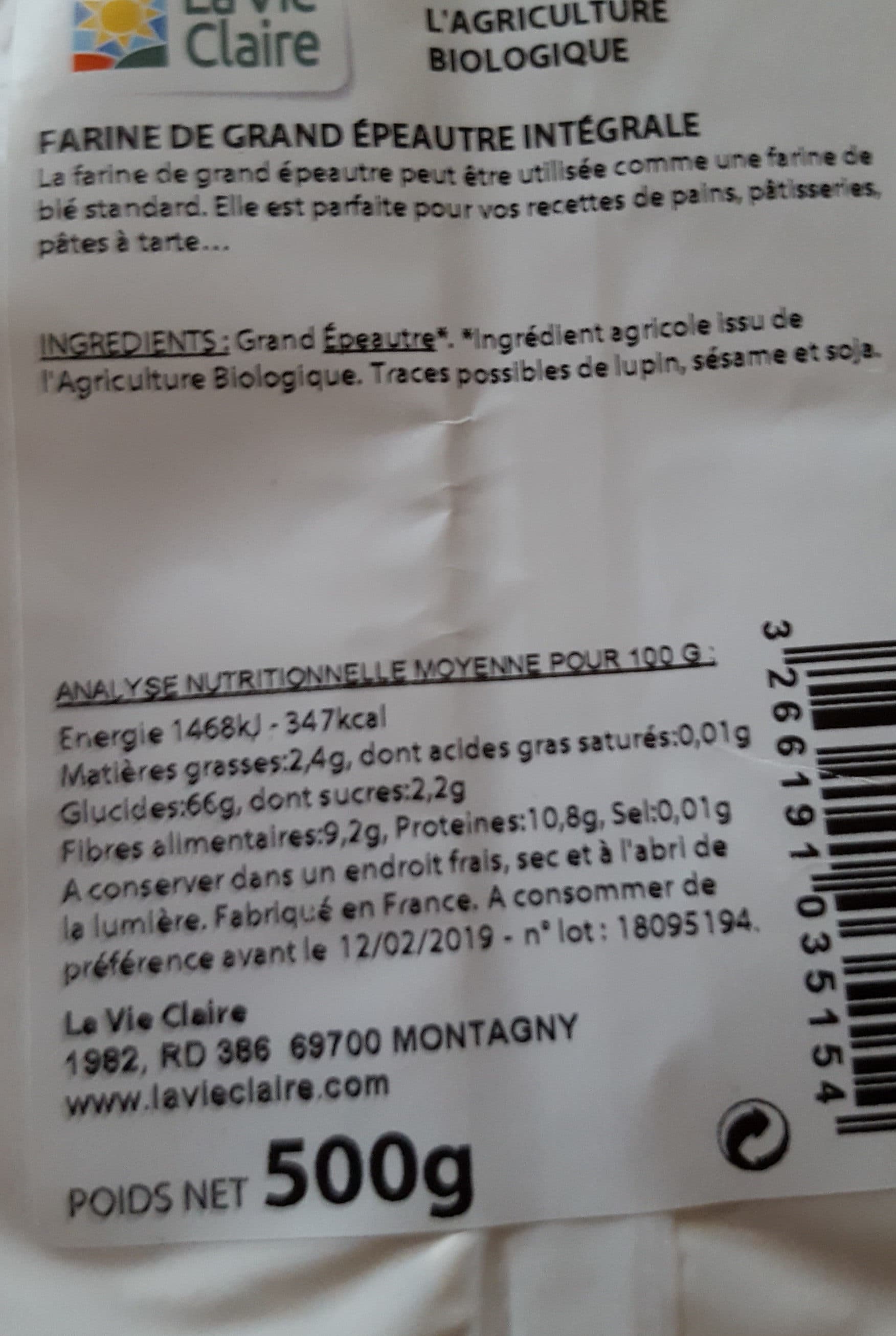 La Vie Claire Farine de grand épeautre integrale packshot