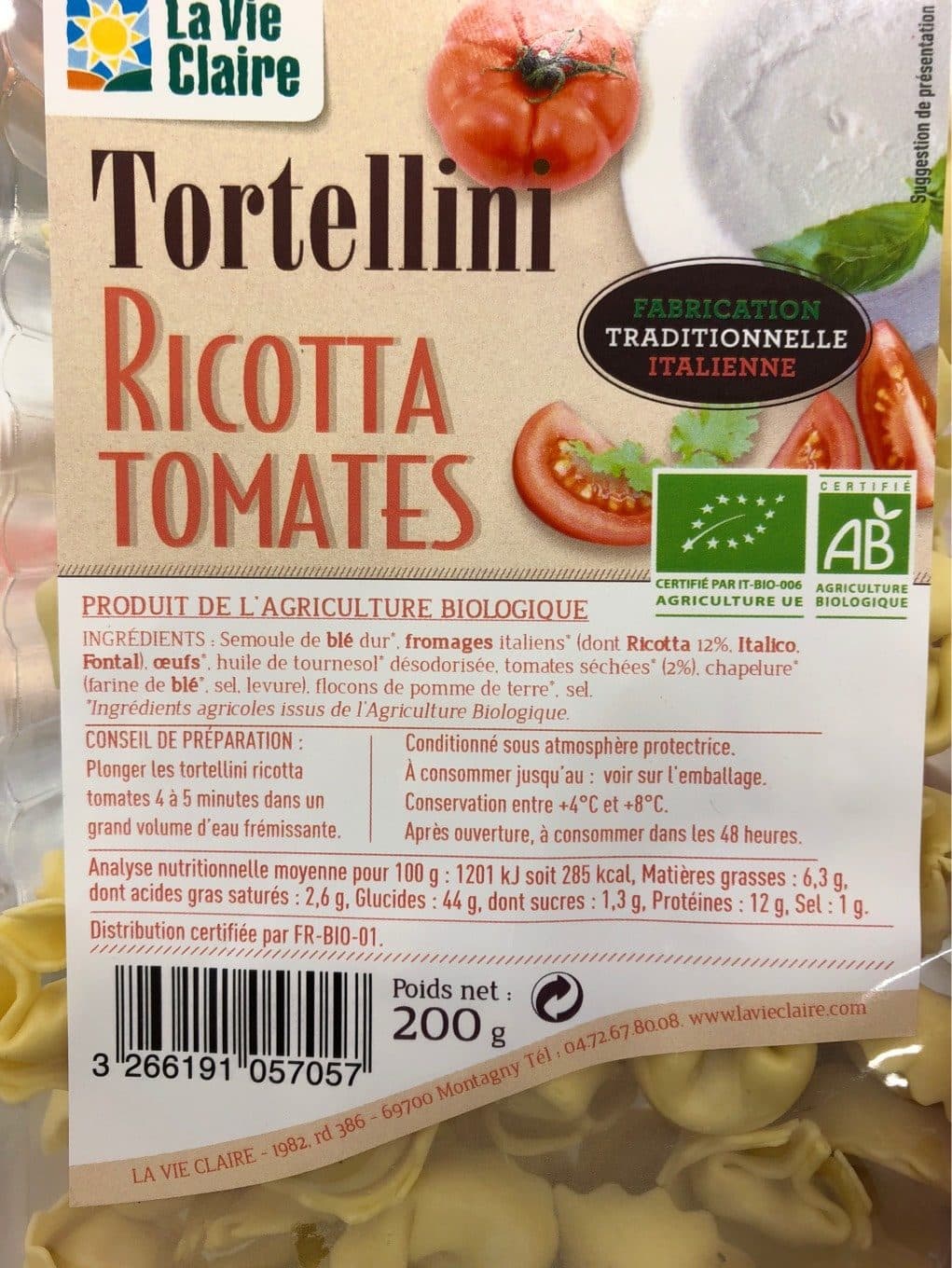 La Vie Claire Tortellini - Ricotta tomates packshot