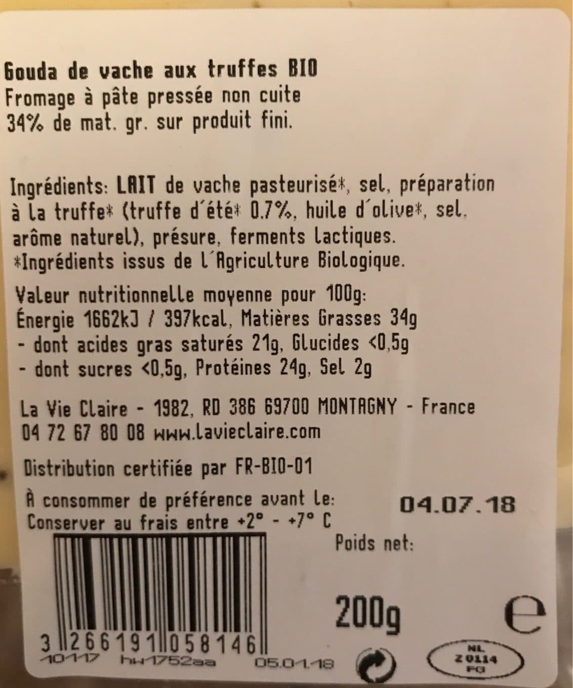 La Vie Claire Gouda aux truffes packshot