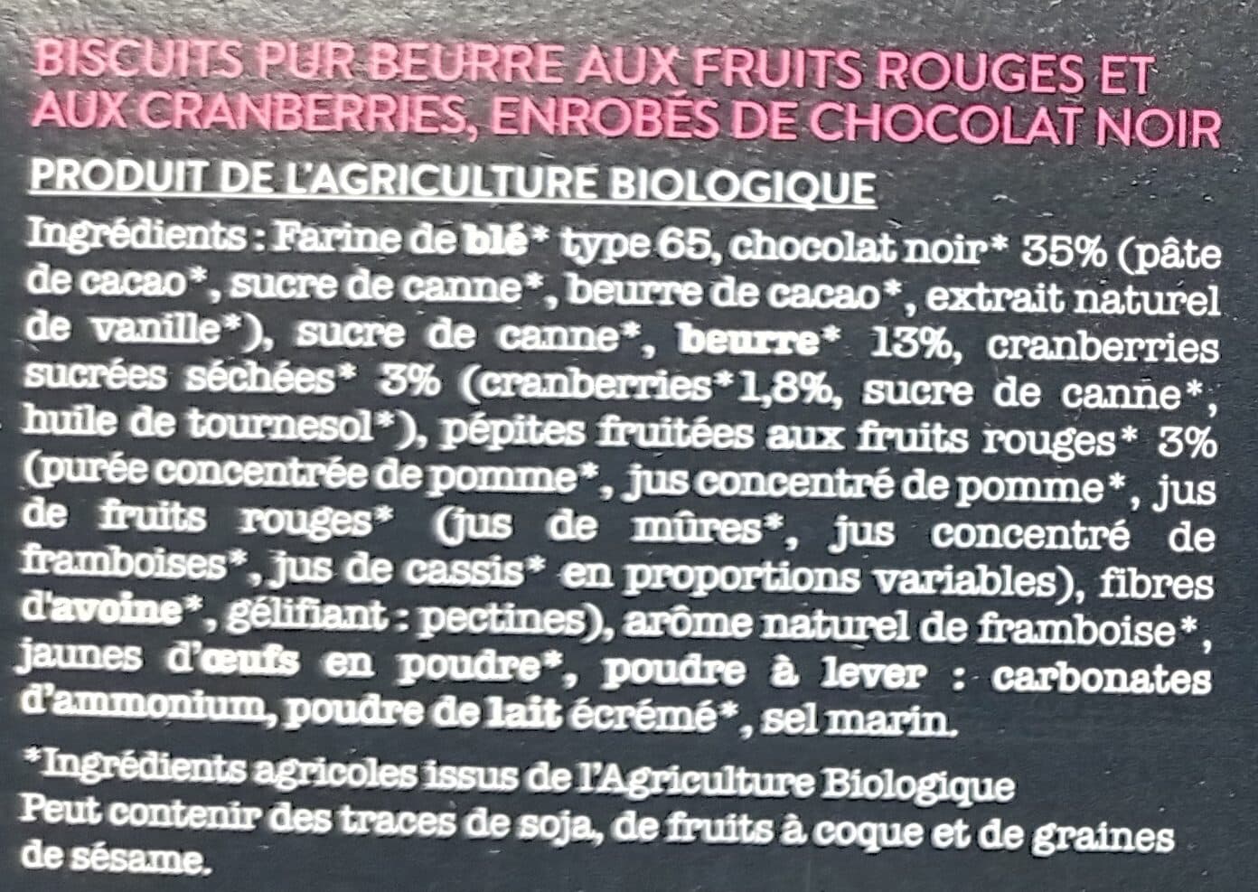 La Vie Claire Biscuits Cranberries et Fruits Rouges Enrobés de Chocolat packshot
