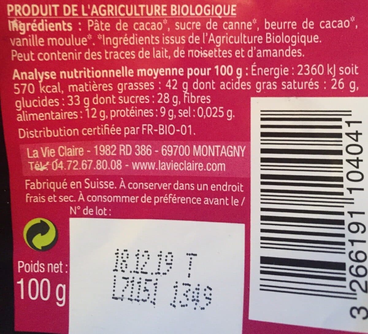 La Vie Claire Chocolat noir dégustation packshot