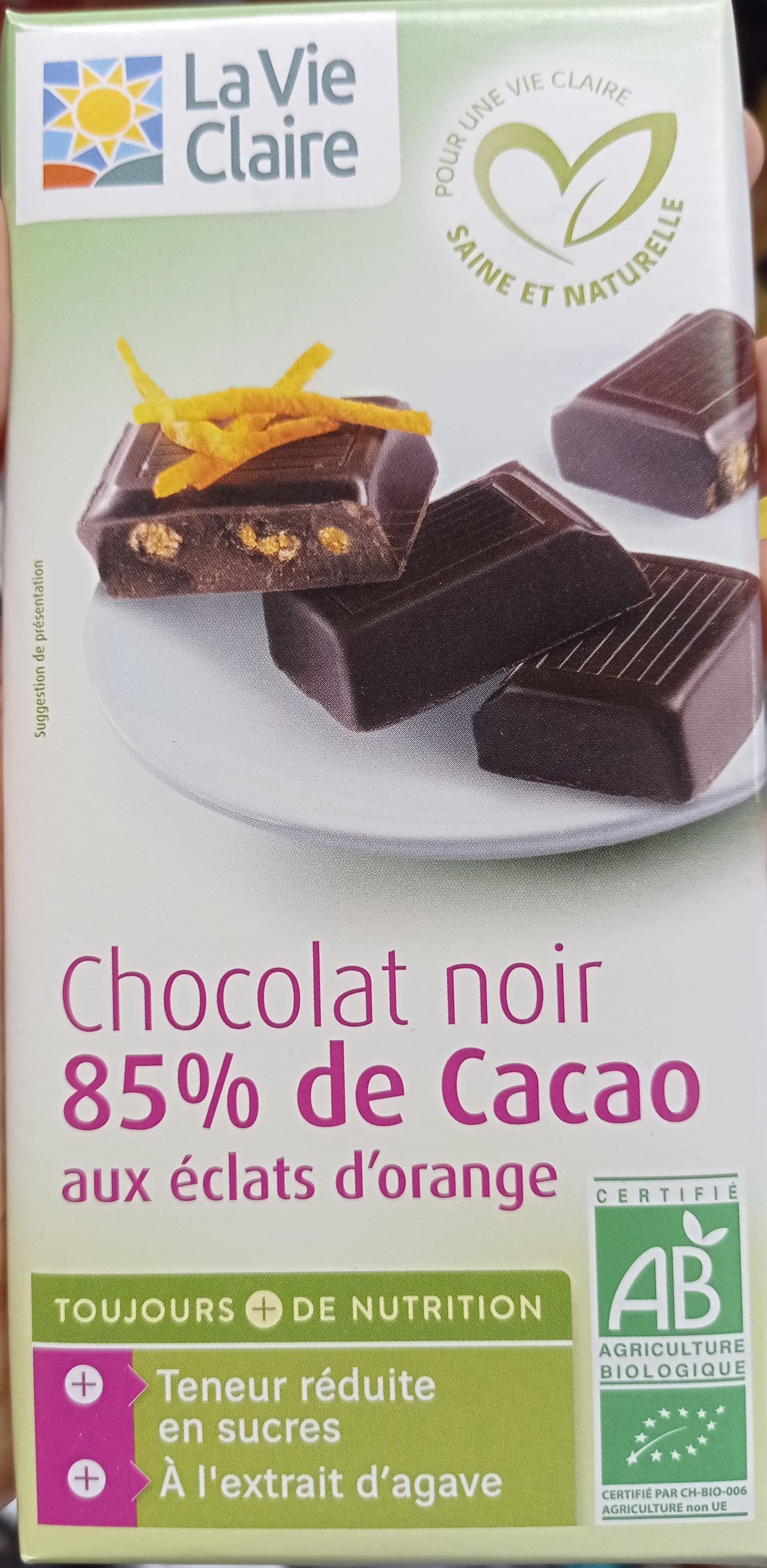 La Vie Claire Chocolat noir 85% aux éclats d'orange packshot