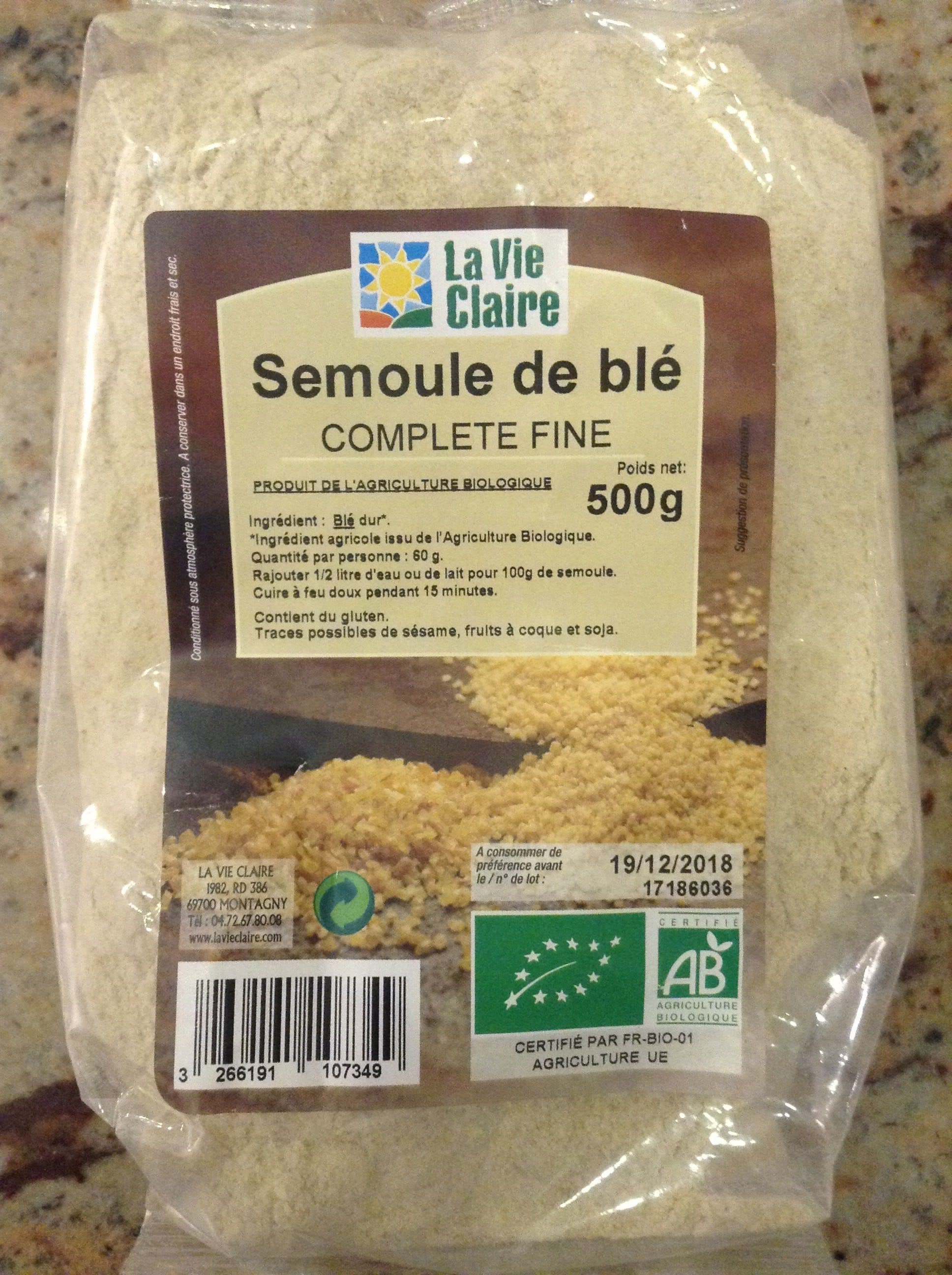 La Vie Claire Semoule De Blé Fine Complète Bio packshot