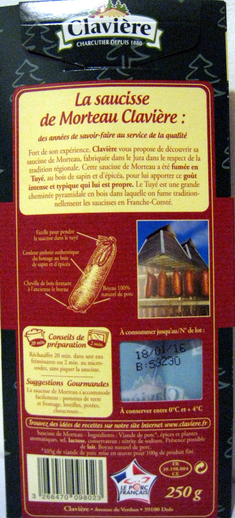 Clavière Saucisse de Morteau fumée en tuyé packshot