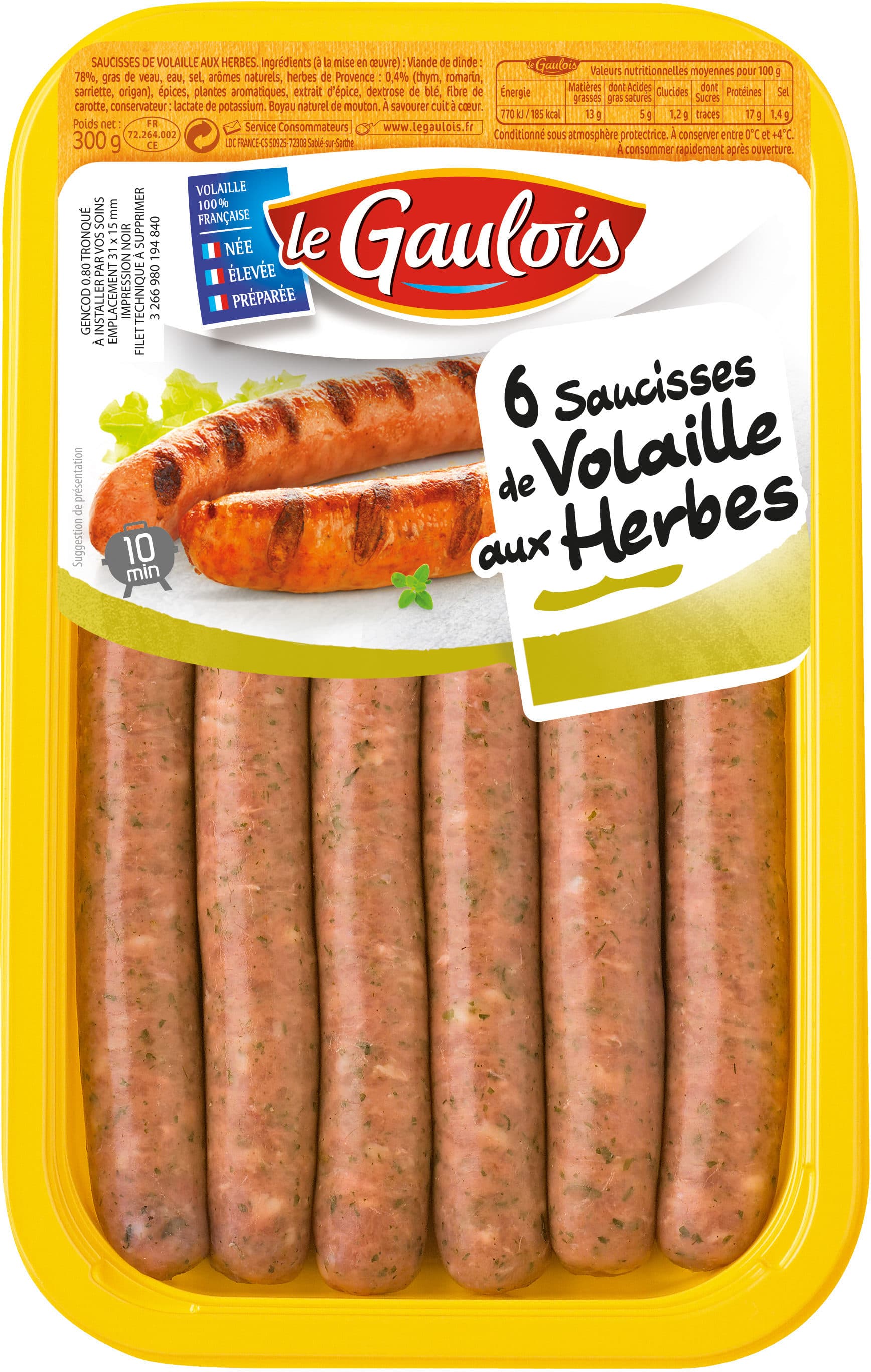 Le gaulois saucisses de volaille aux herbes packshot