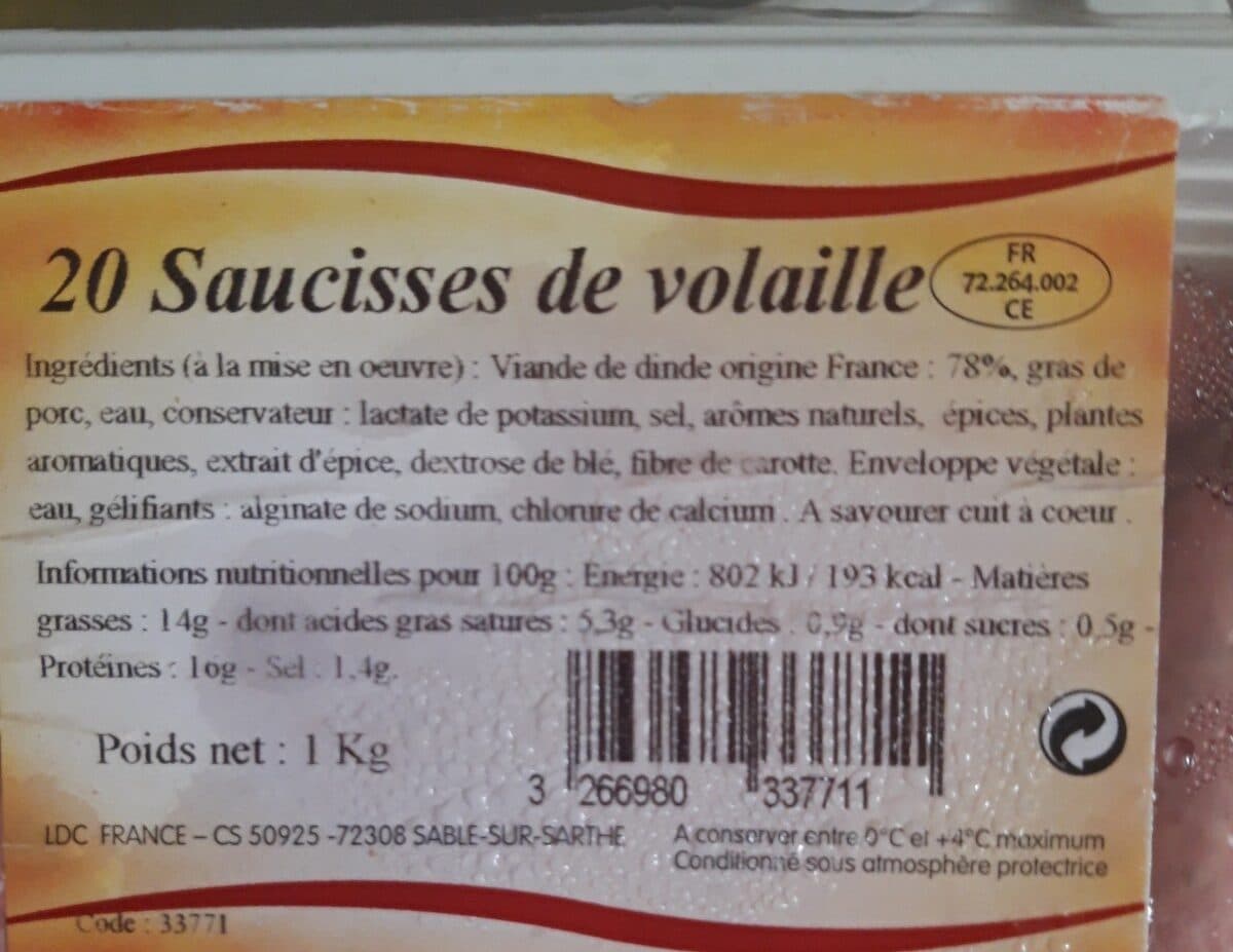 Open Food Facts 20 saucisse de volaille packshot