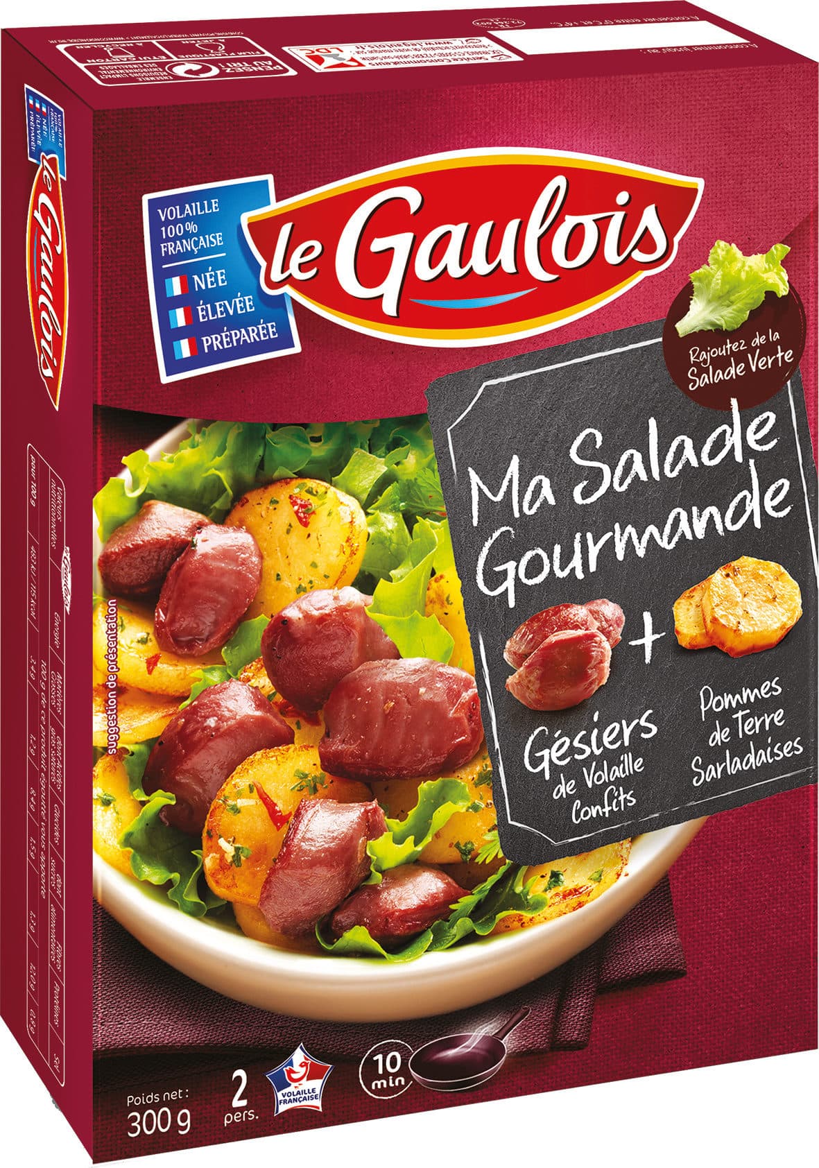 Le gaulois Des gésiers de volaille issus de volailles nées, élevées, préparées en France, soigneusement sélectionnés et cuisinés en confit et des Pommes de terre Sarladaises cuisinées suivant la tradition, dans la graisse de canard, de l'ail, du persil et des échalotes. packshot
