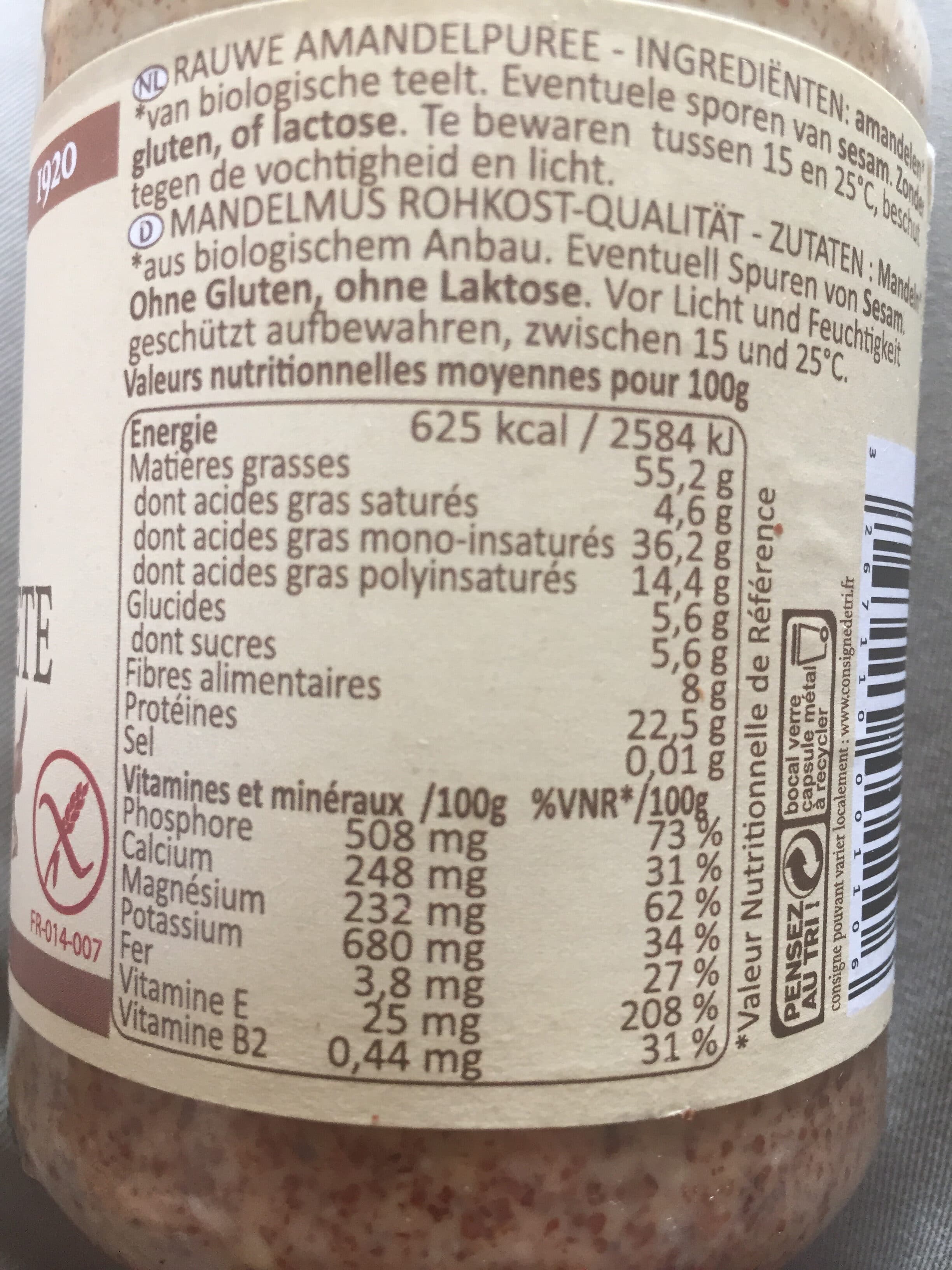 Perl'amande Purée crue d'amandes complètes packshot