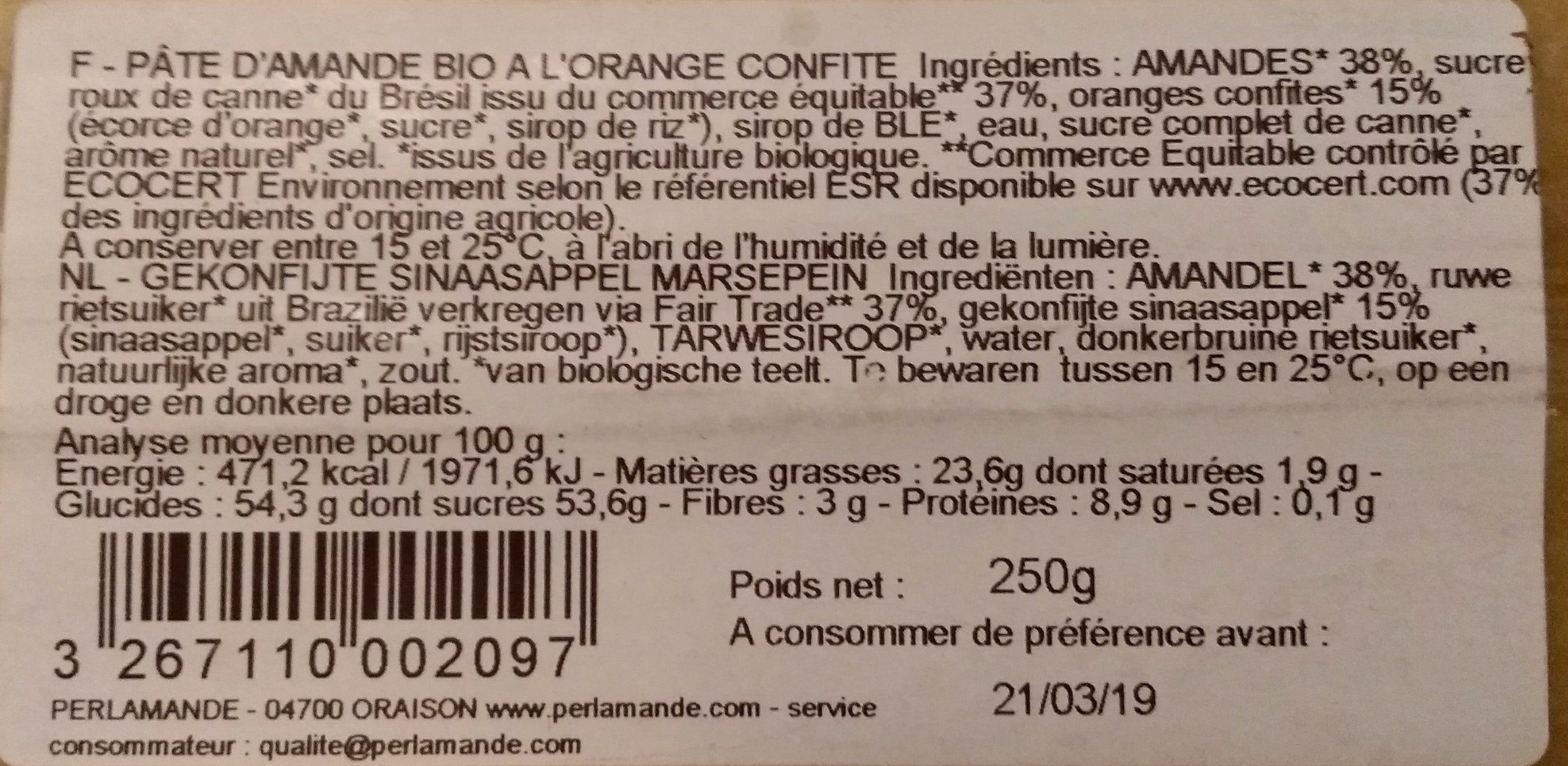 PERL'AMANDE Pâte d'amande Orange Confite packshot