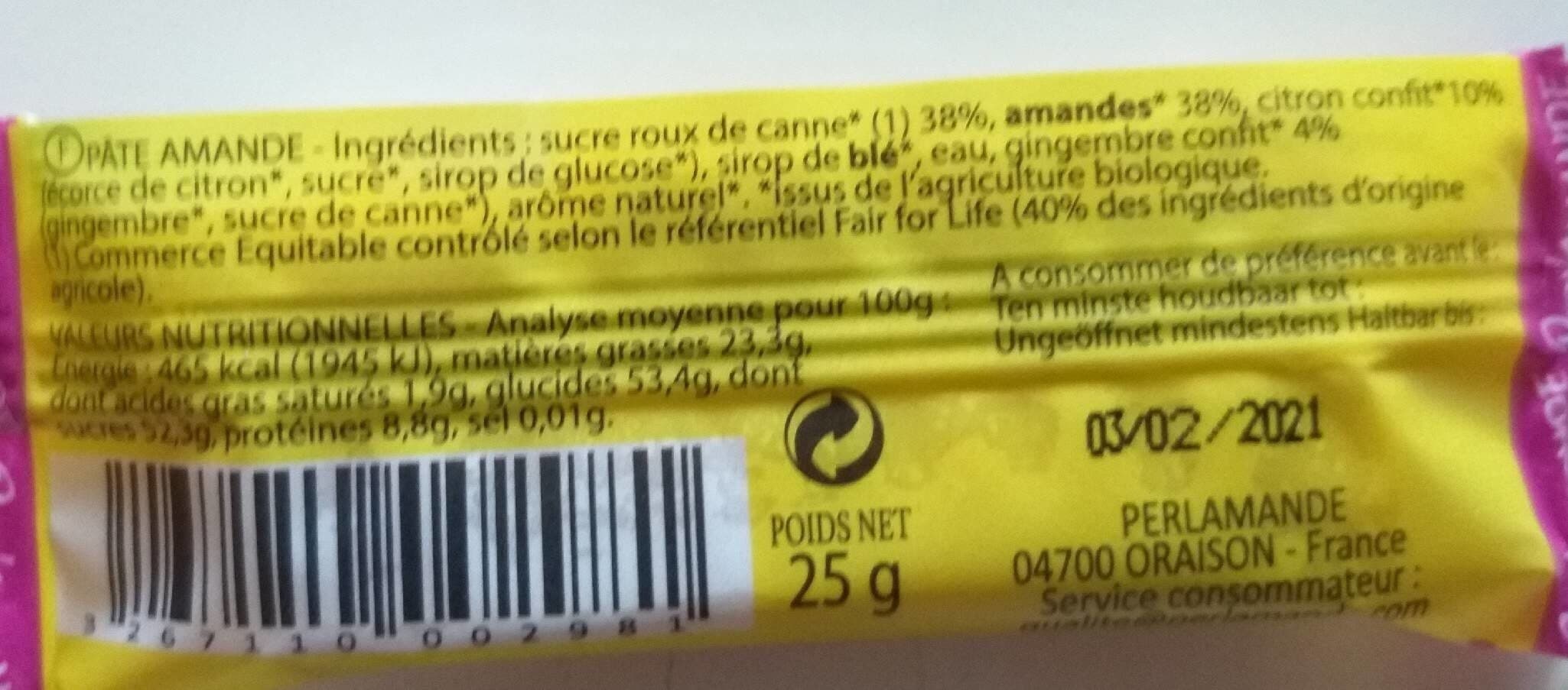 Perl’Amande Barre Pâte d’amande citron gingembre packshot