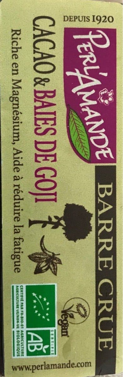 Perl'Amande Barre crue cacao & baie de goji packshot
