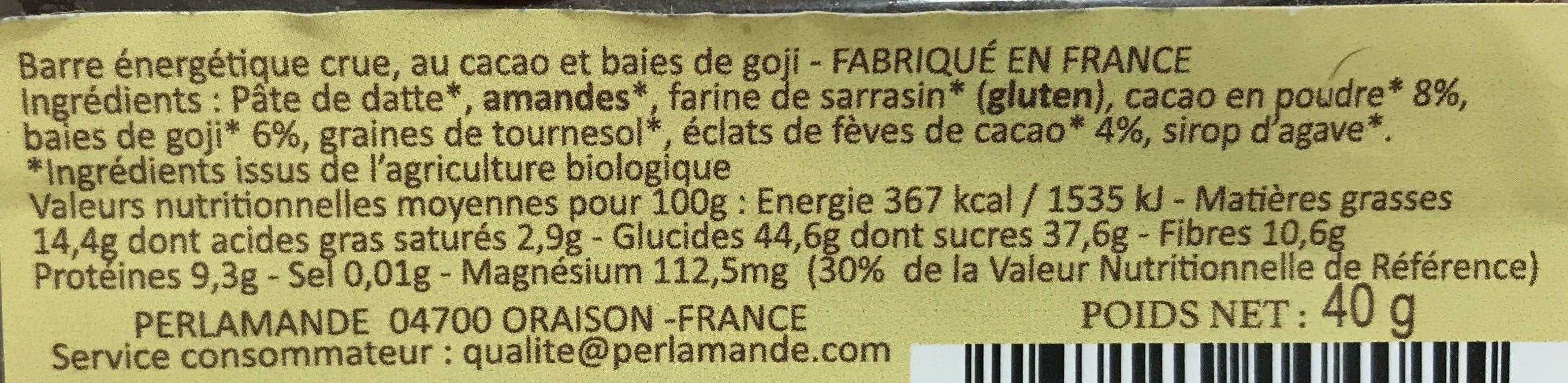 Perl'Amande Barre crue cacao & baie de goji packshot