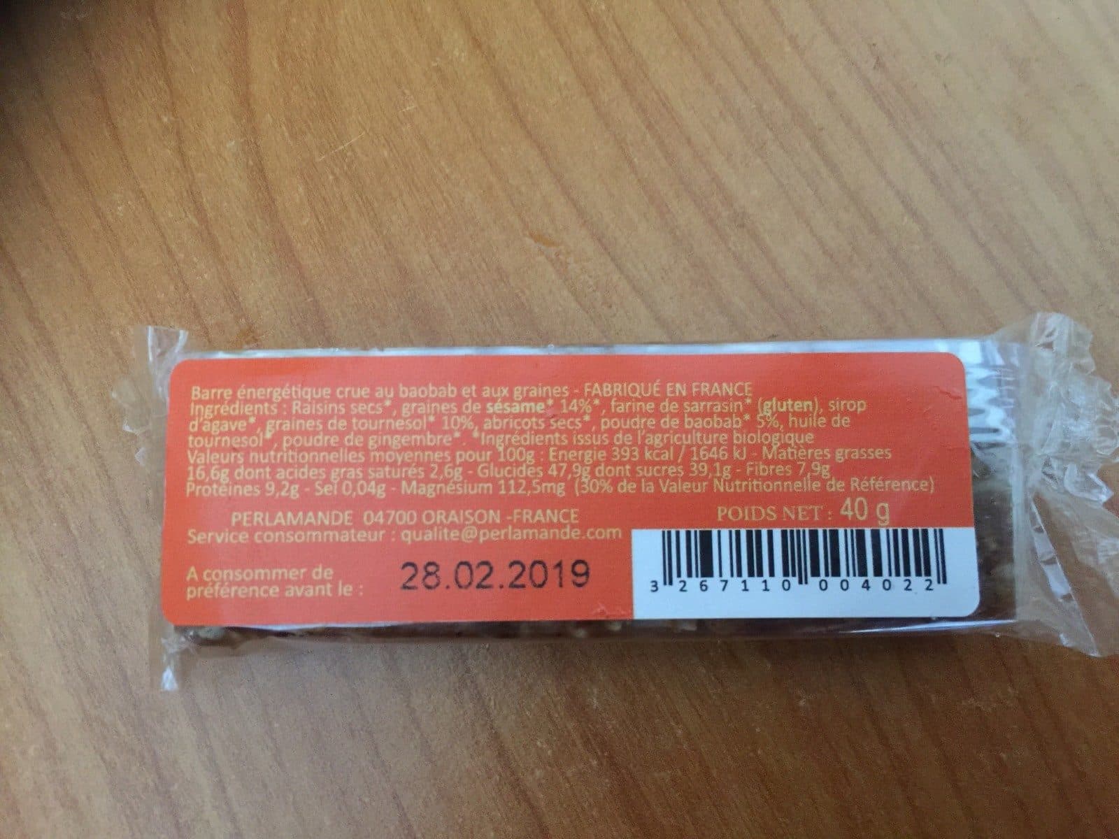 Perl'Amande Barre crue baobab & graines packshot